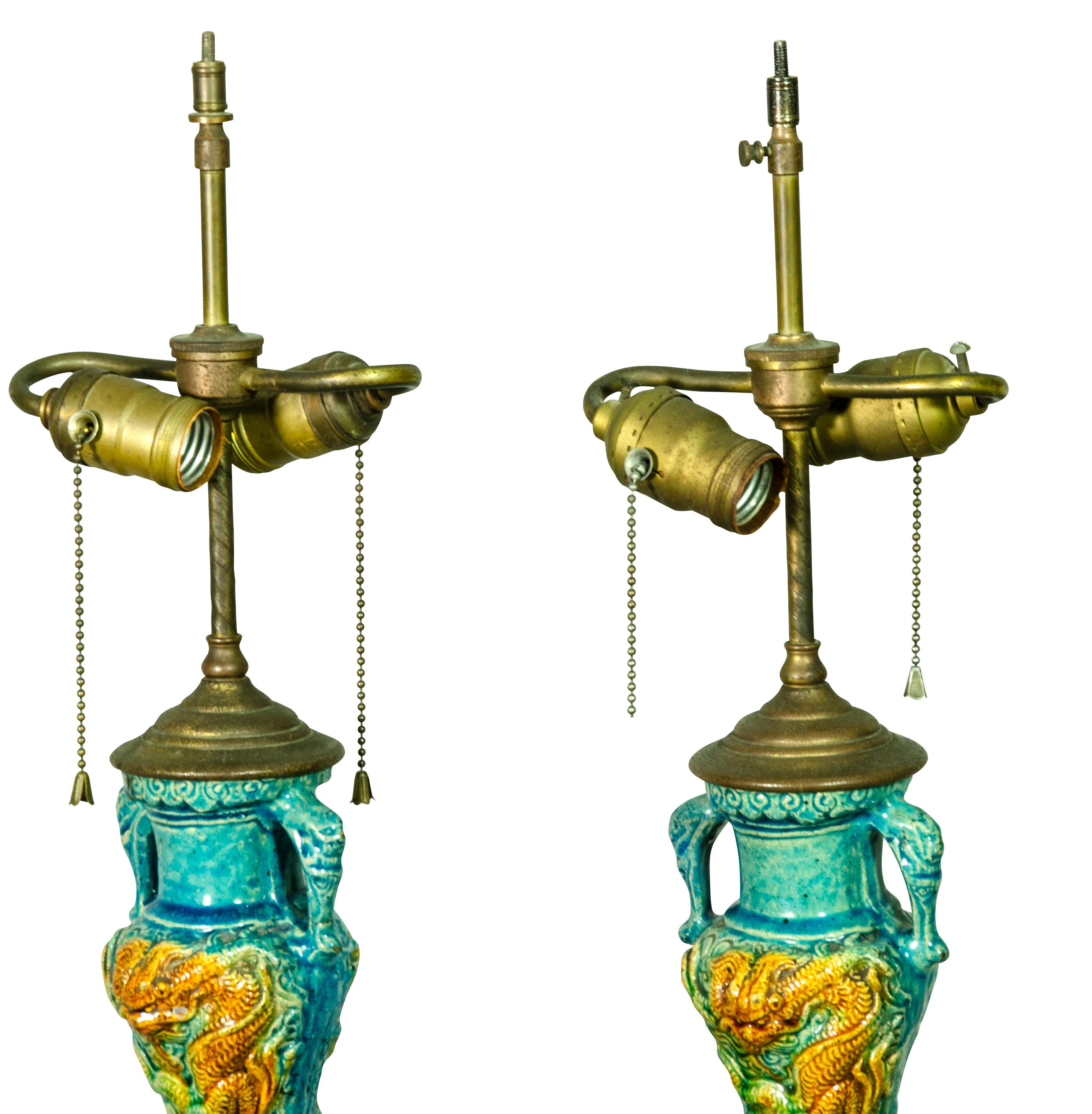 Pair of Chinese Turquoise Pottery Table Lamps 3