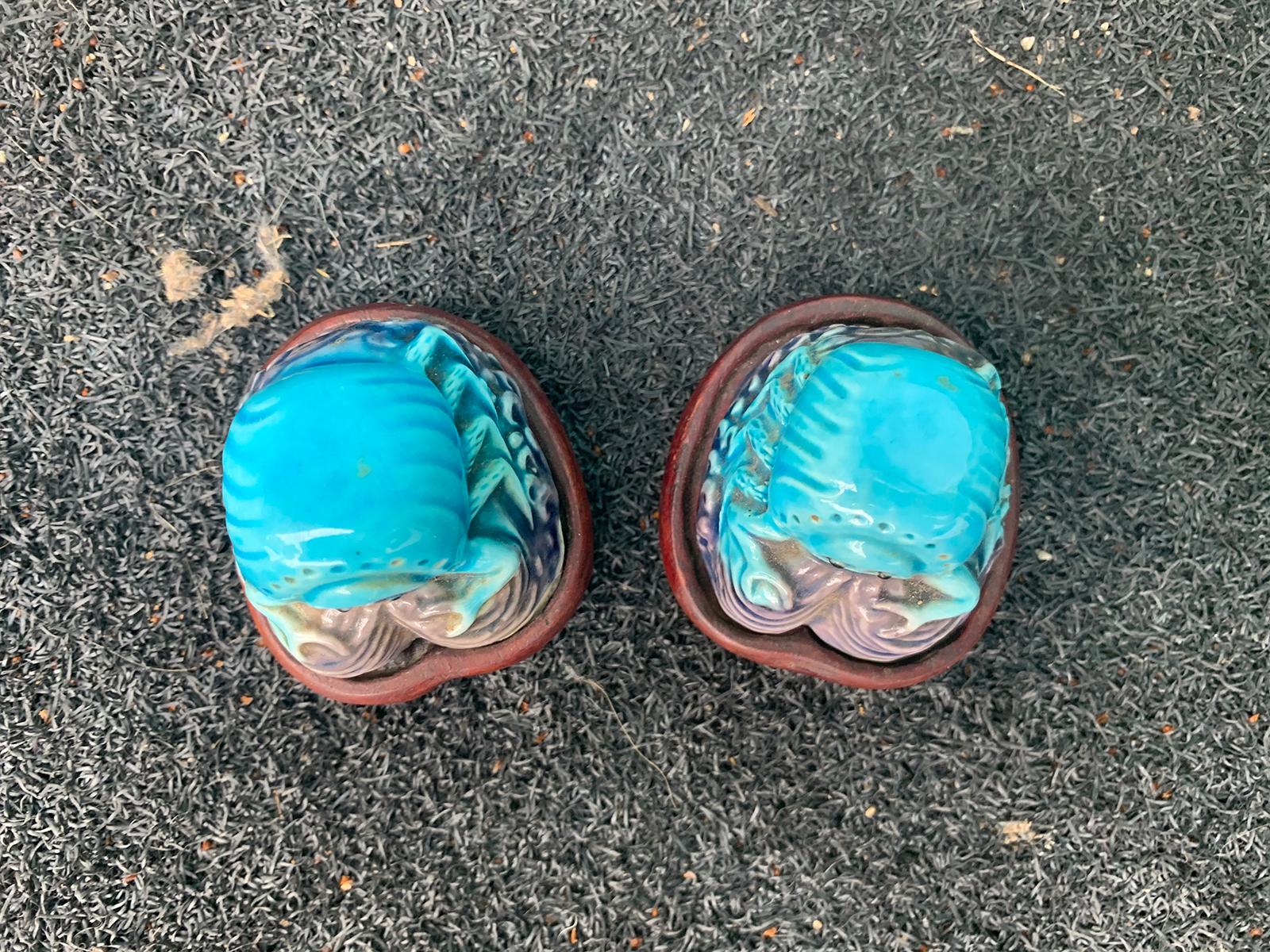 Glazed Pair of Chinese Turquoise/Purple Porcelain Crabs on Wooden Stands, Marked China For Sale