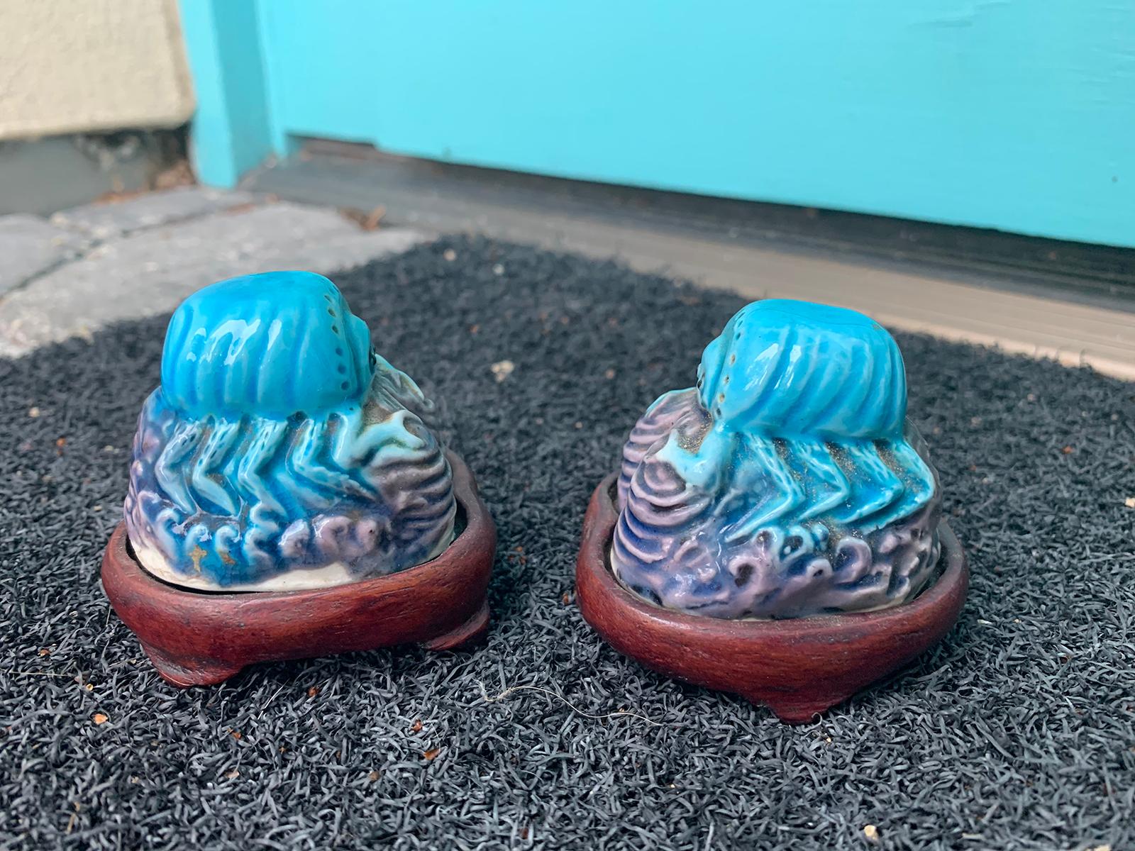 Pair of Chinese Turquoise/Purple Porcelain Crabs on Wooden Stands, Marked China In Good Condition For Sale In Atlanta, GA