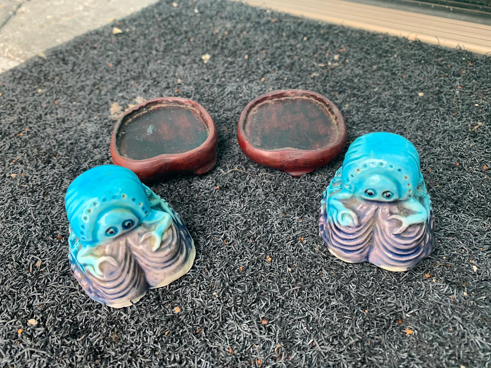 Pair of Chinese Turquoise/Purple Porcelain Crabs on Wooden Stands, Marked China For Sale 2
