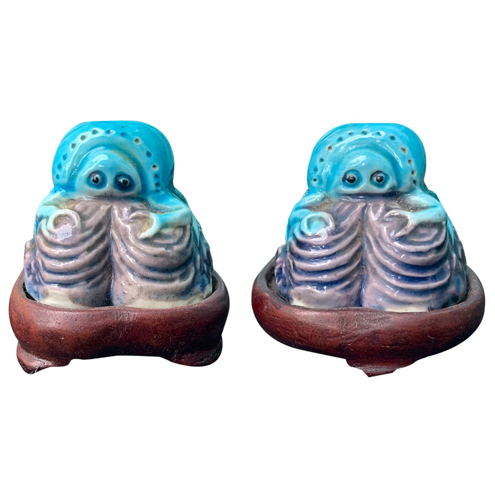 Pair of Chinese Turquoise/Purple Porcelain Crabs on Wooden Stands, Marked China For Sale