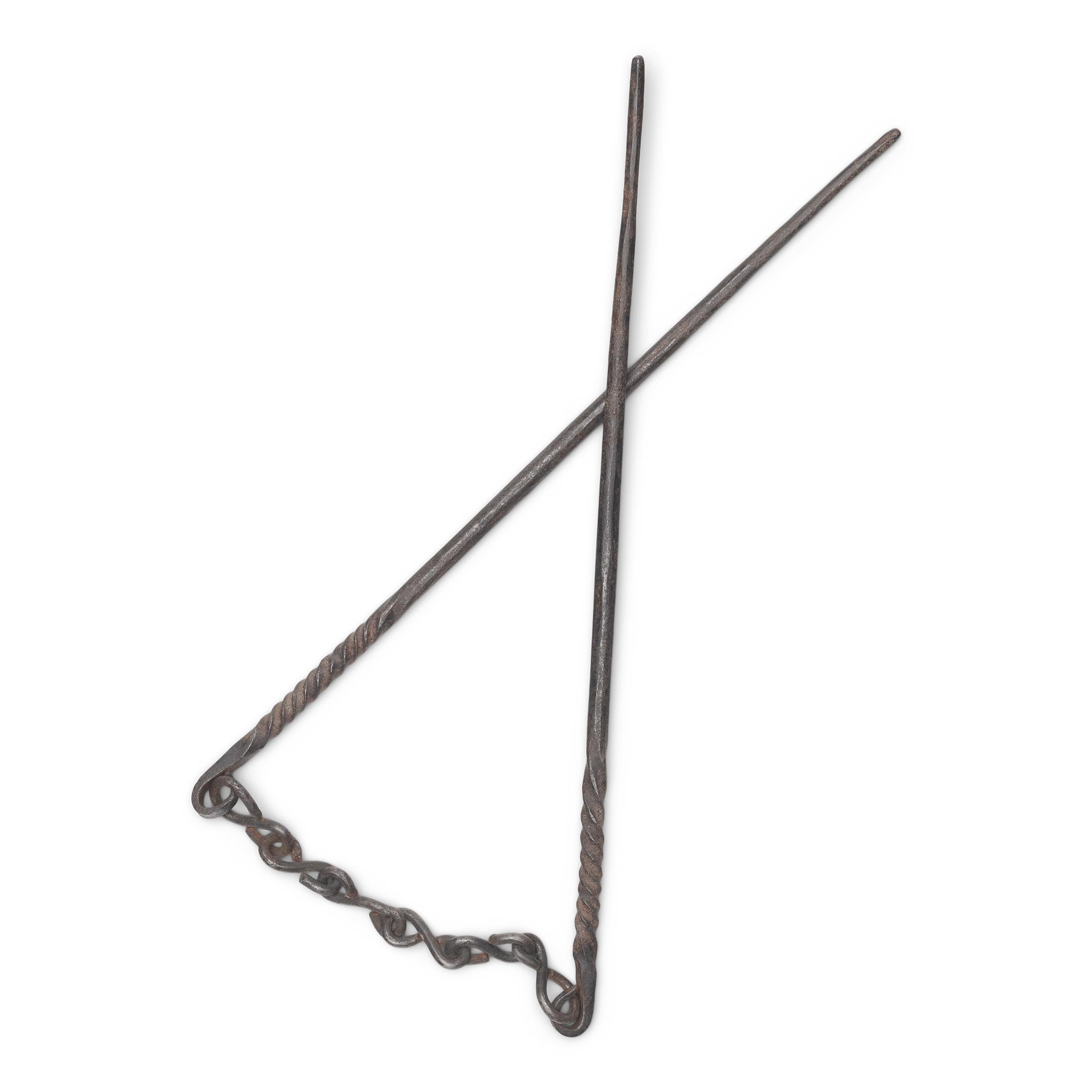 Pair of Chinese Twisted Iron Coal Chopsticks, c. 1900 In Good Condition For Sale In Chicago, IL