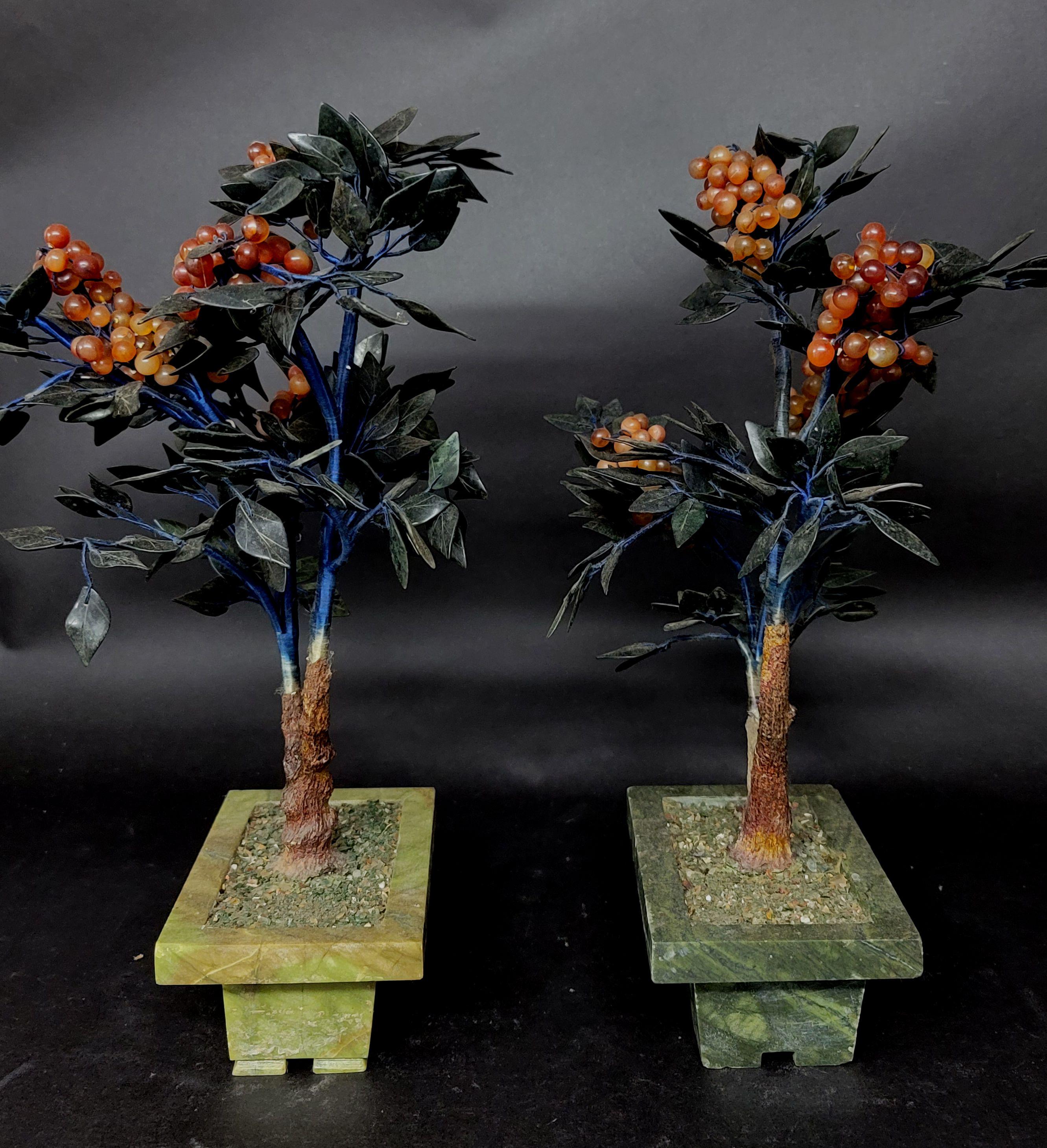 20th Century Pair of Chinese Vantage Hard Stone & Jade Carved Flower Plants, #3 Large For Sale
