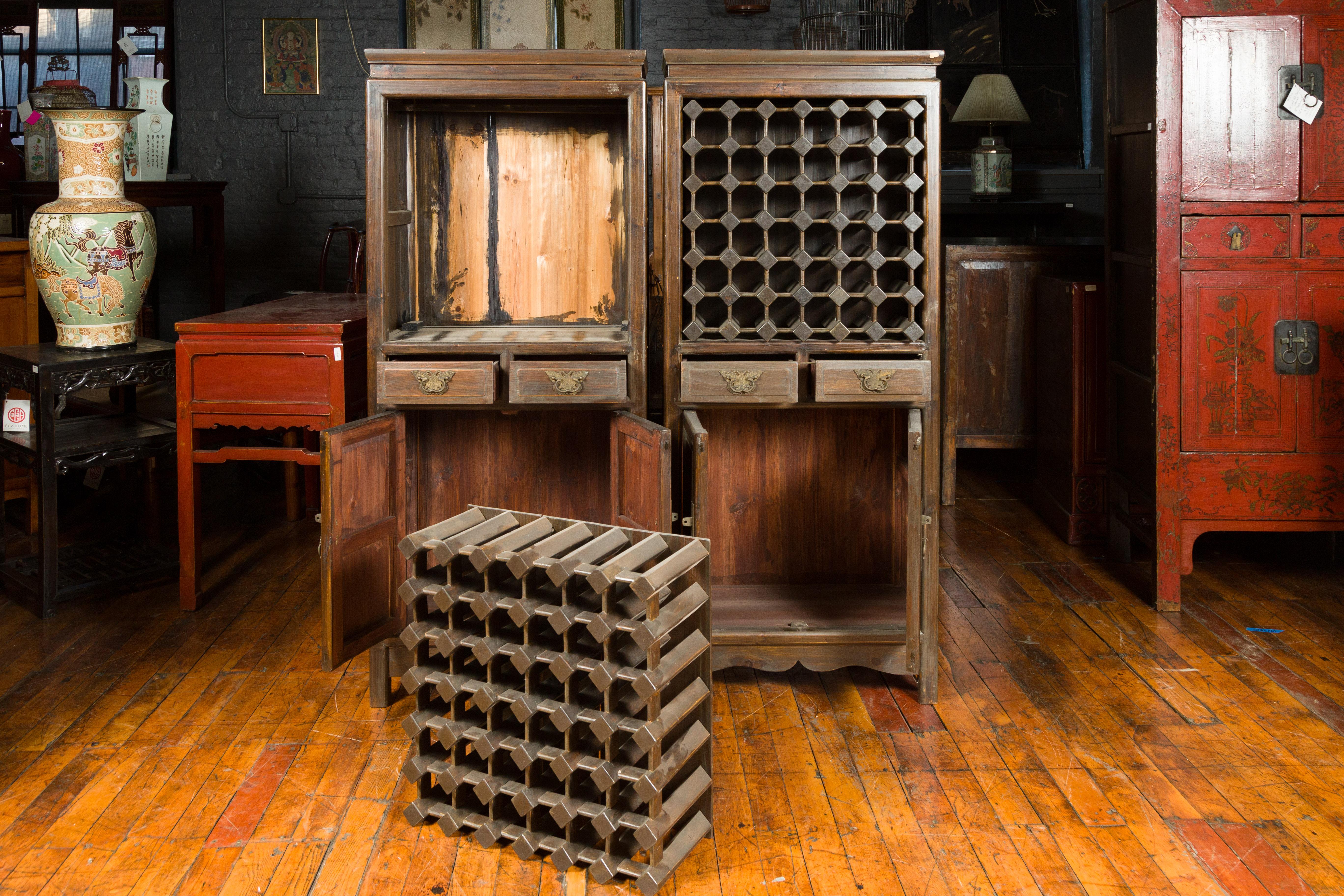 Pair of Chinese Vintage Brown Wood Cabinets with Partitioned Removable Shelves 6