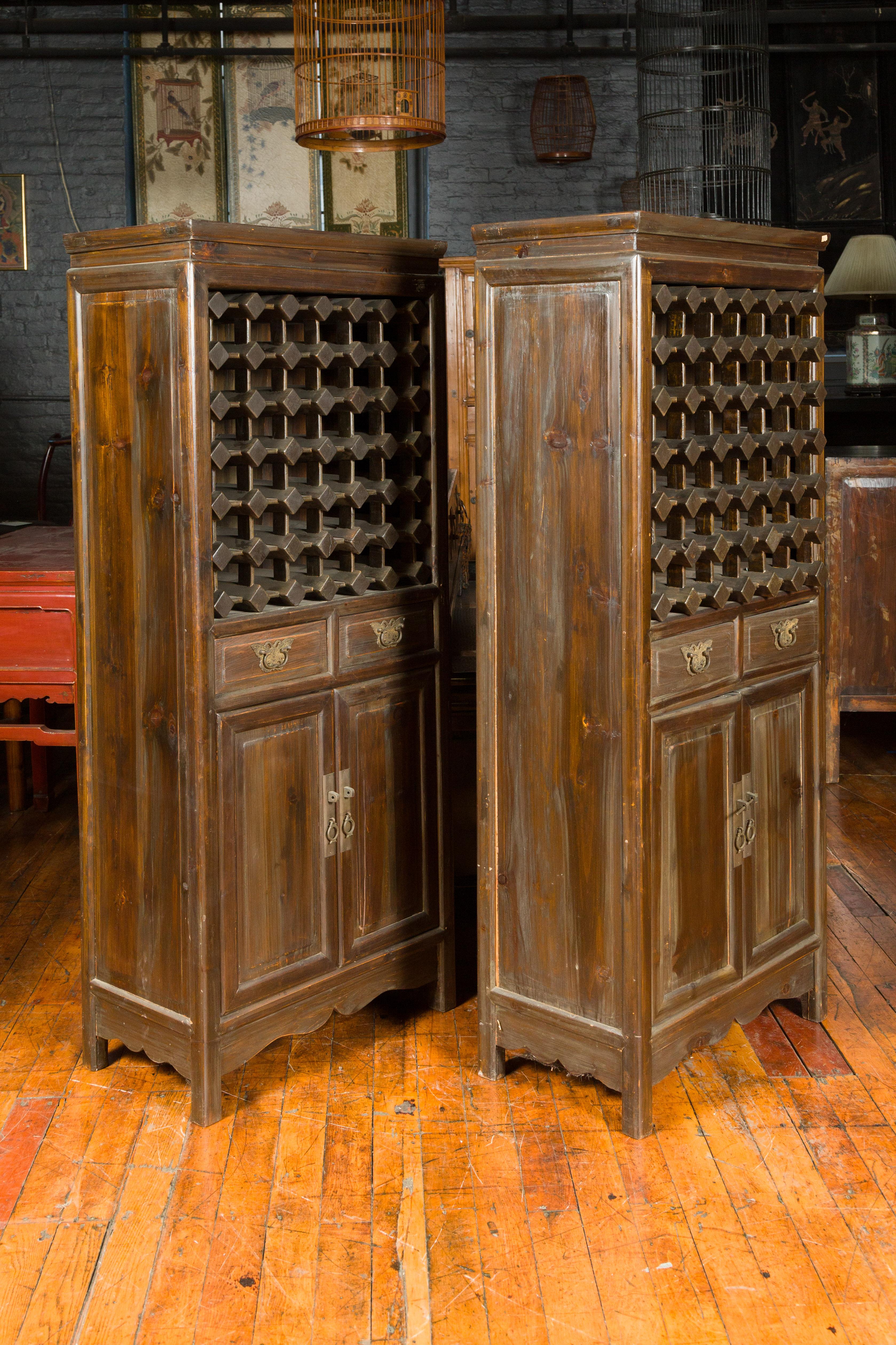 Pair of Chinese Vintage Brown Wood Cabinets with Partitioned Removable Shelves 8