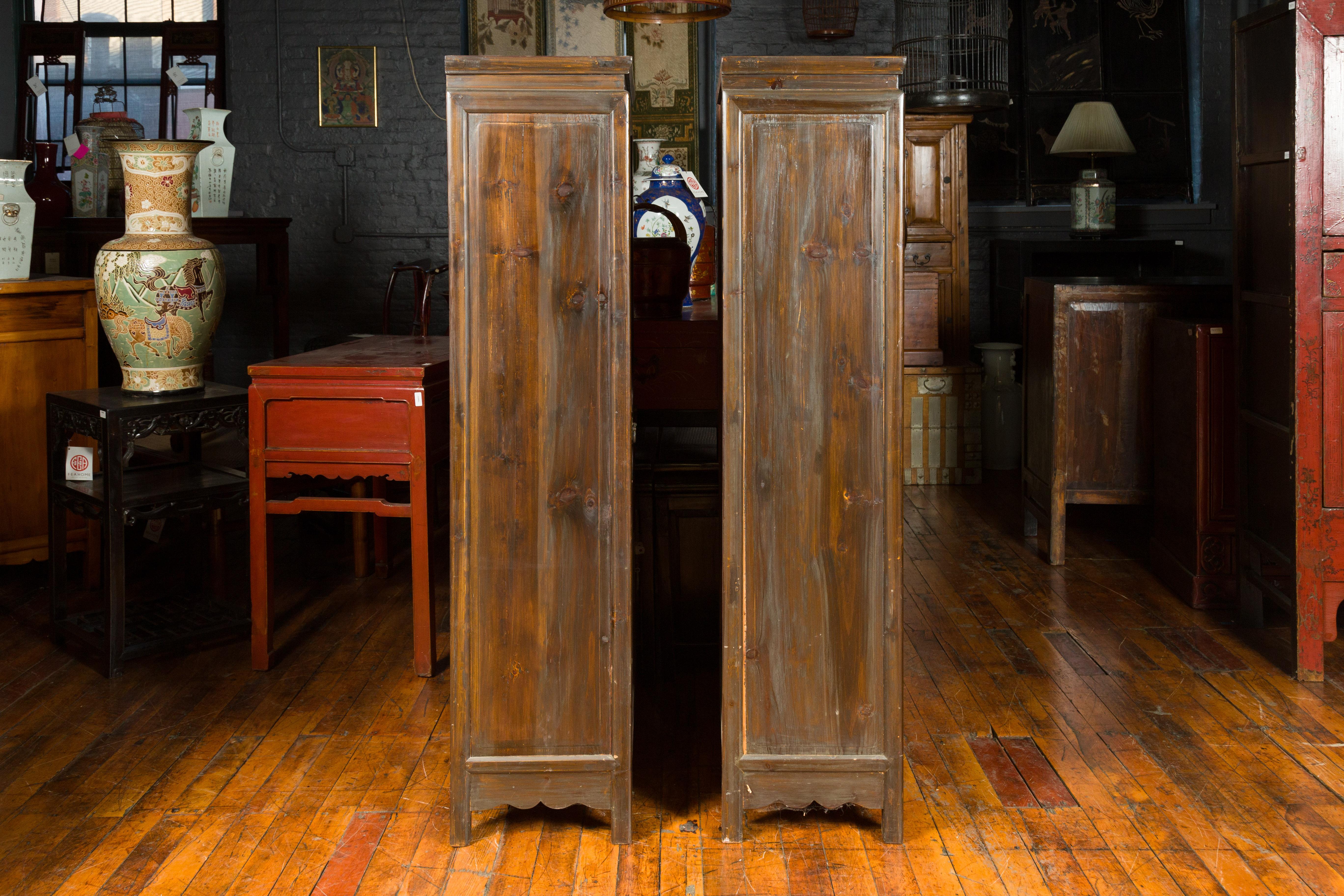 Pair of Chinese Vintage Brown Wood Cabinets with Partitioned Removable Shelves 9