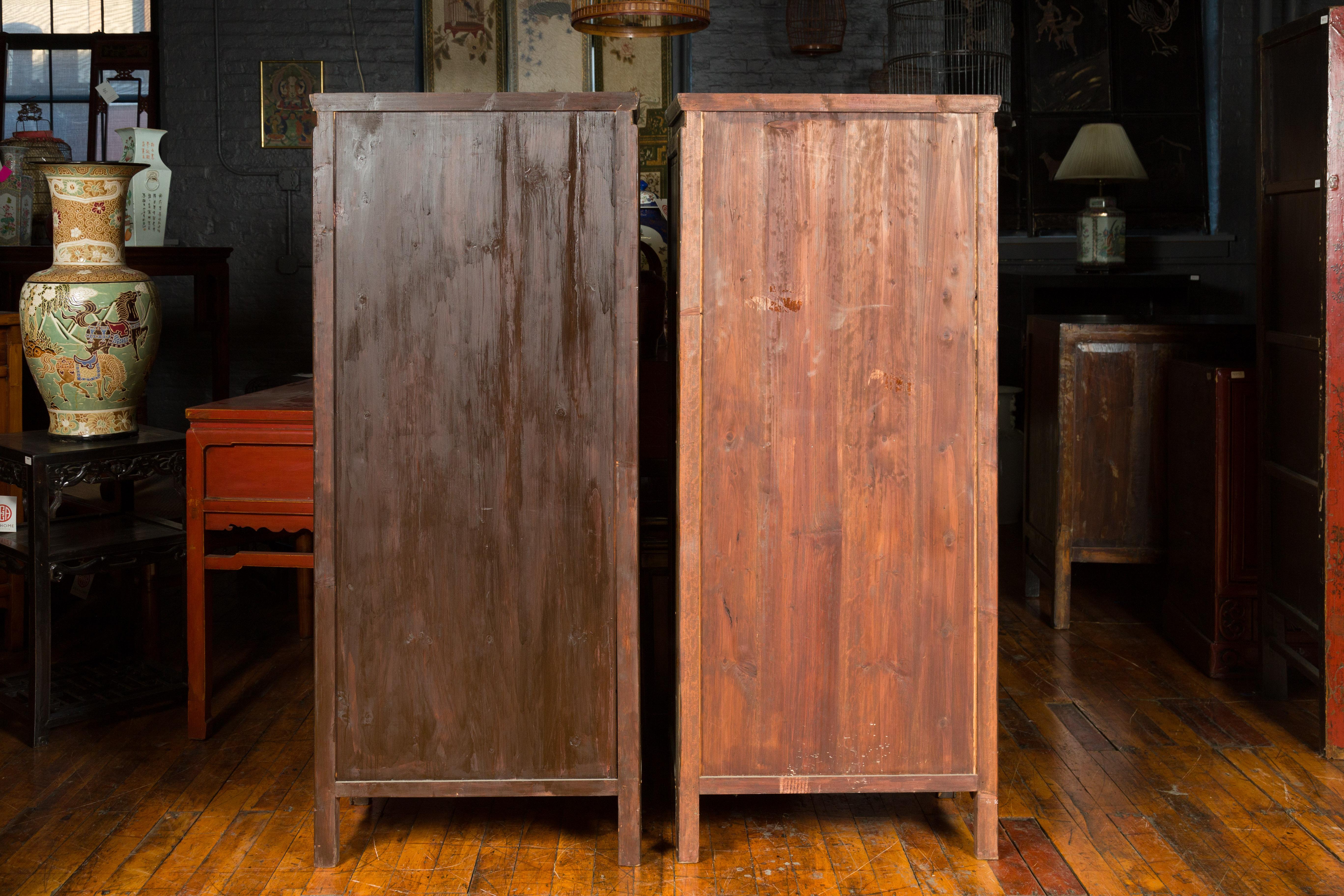 Pair of Chinese Vintage Brown Wood Cabinets with Partitioned Removable Shelves 10