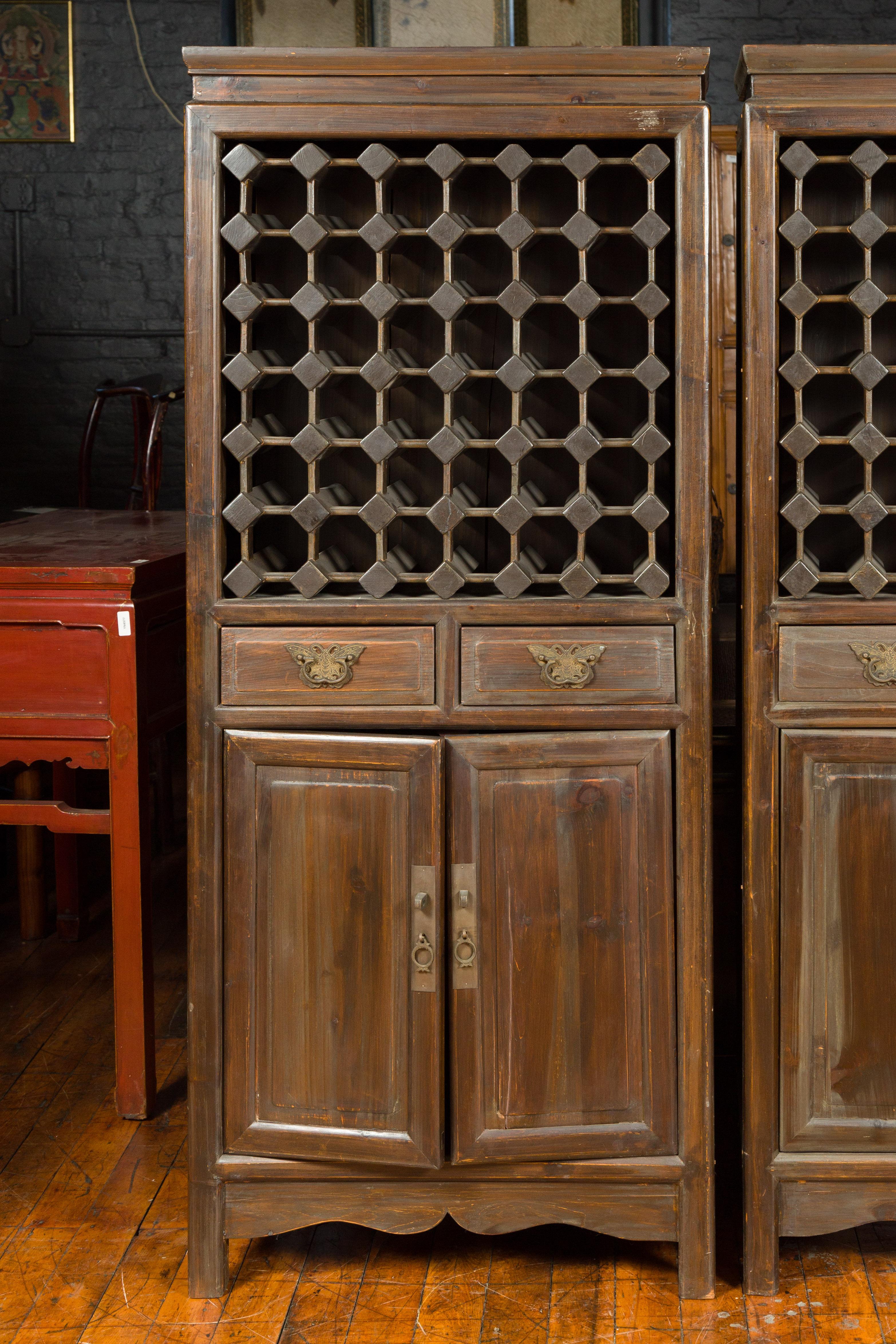 Pair of Chinese Vintage Brown Wood Cabinets with Partitioned Removable Shelves In Good Condition In Yonkers, NY