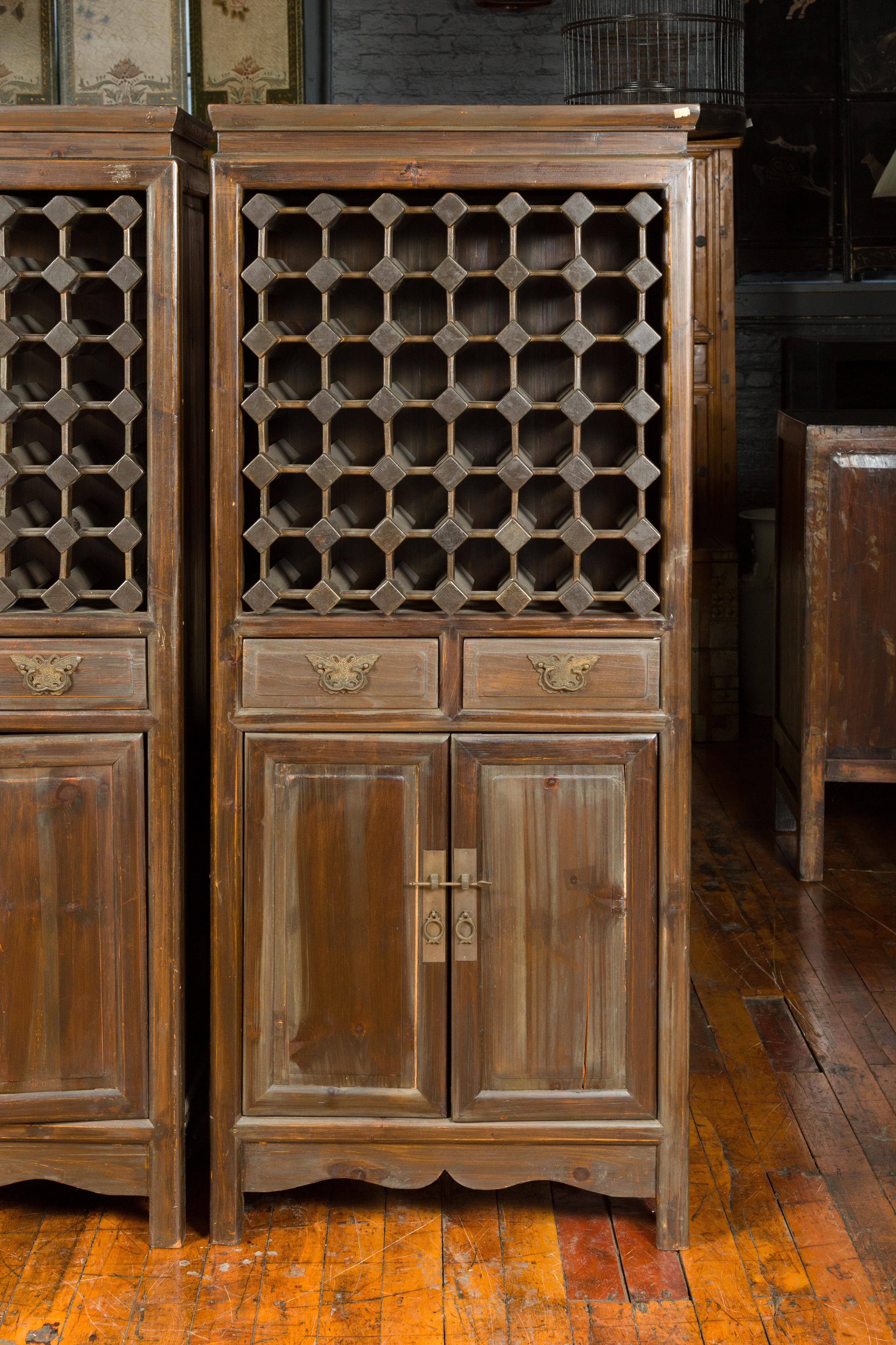 20th Century Pair of Chinese Vintage Brown Wood Cabinets with Partitioned Removable Shelves