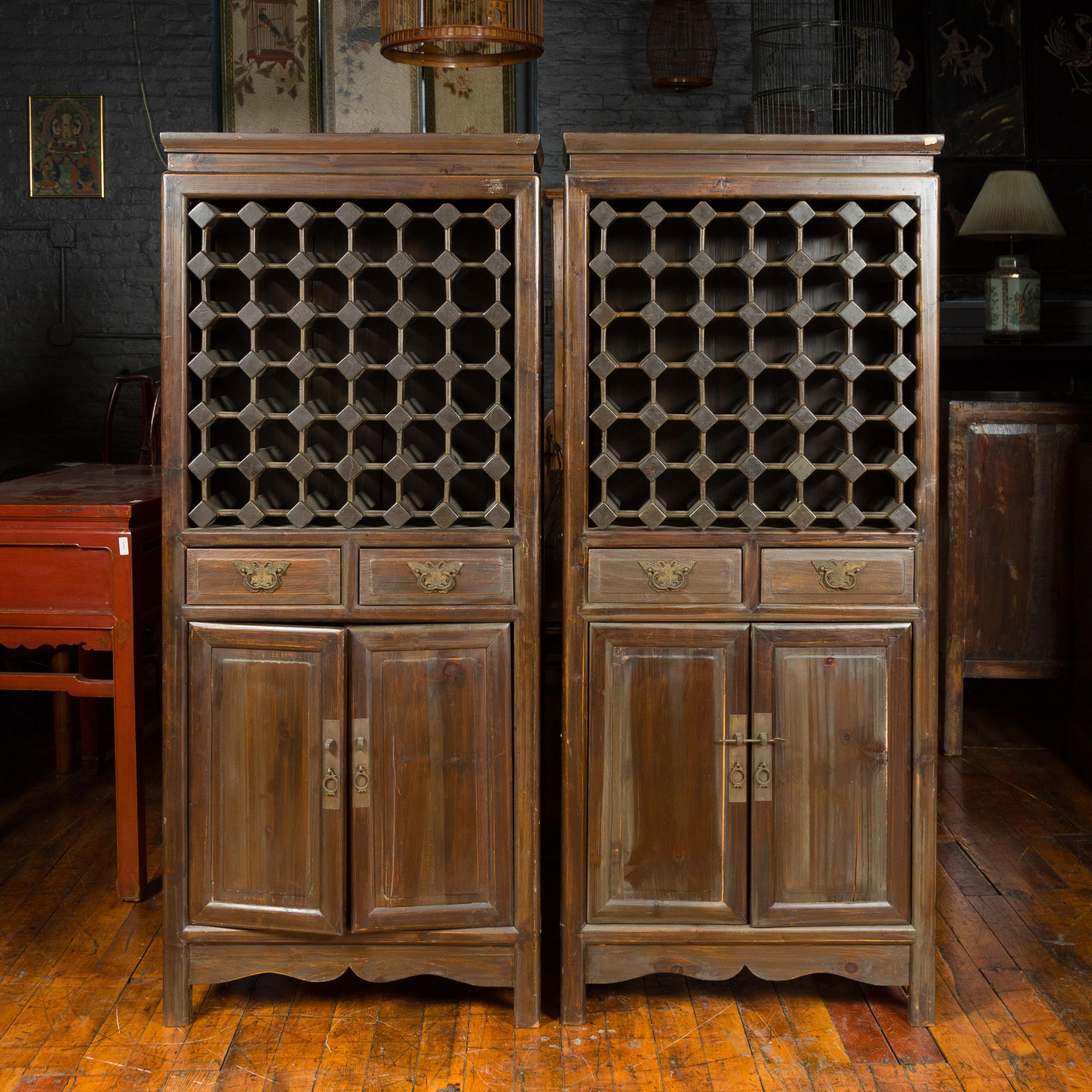 Pair of Chinese Vintage Brown Wood Cabinets with Partitioned Removable Shelves 1