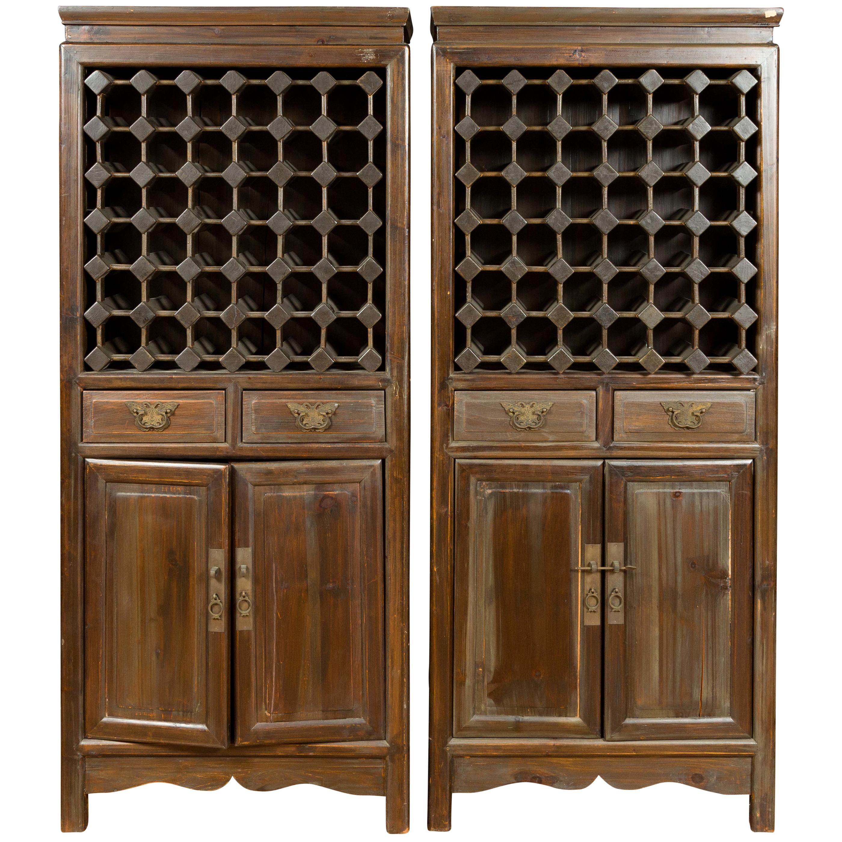 Pair of Chinese Vintage Brown Wood Cabinets with Partitioned Removable Shelves