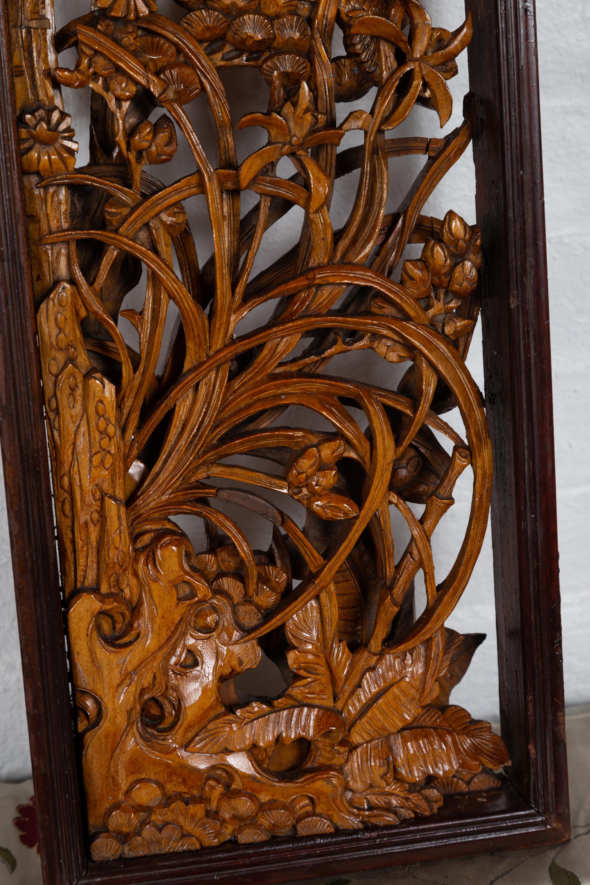 Pair of Chinese Vintage Carved Elmwood Wall Panels with Birds and Foliage Motifs 6