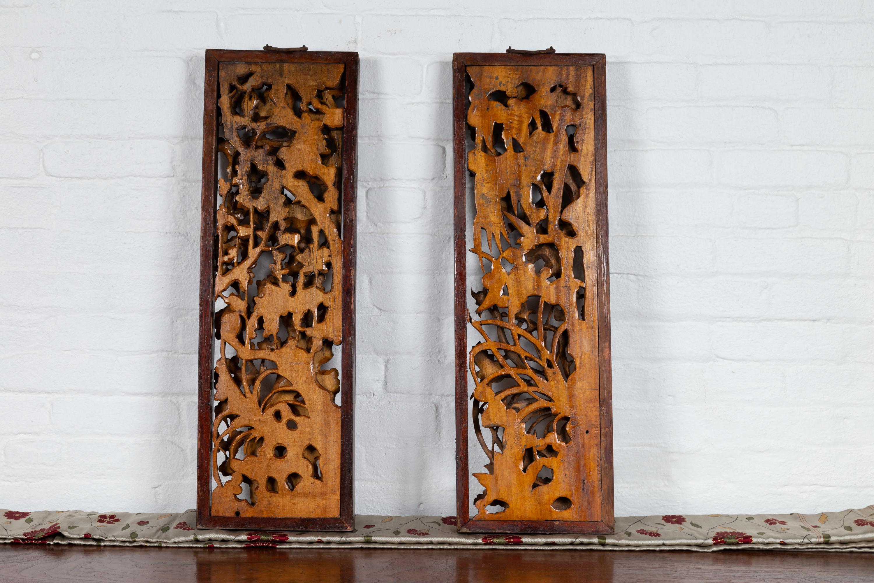 Pair of Chinese Vintage Carved Elmwood Wall Panels with Birds and Foliage Motifs 13