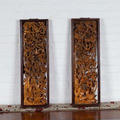 Pair of Chinese Vintage Carved Elmwood Wall Panels with Birds and Foliage Motifs