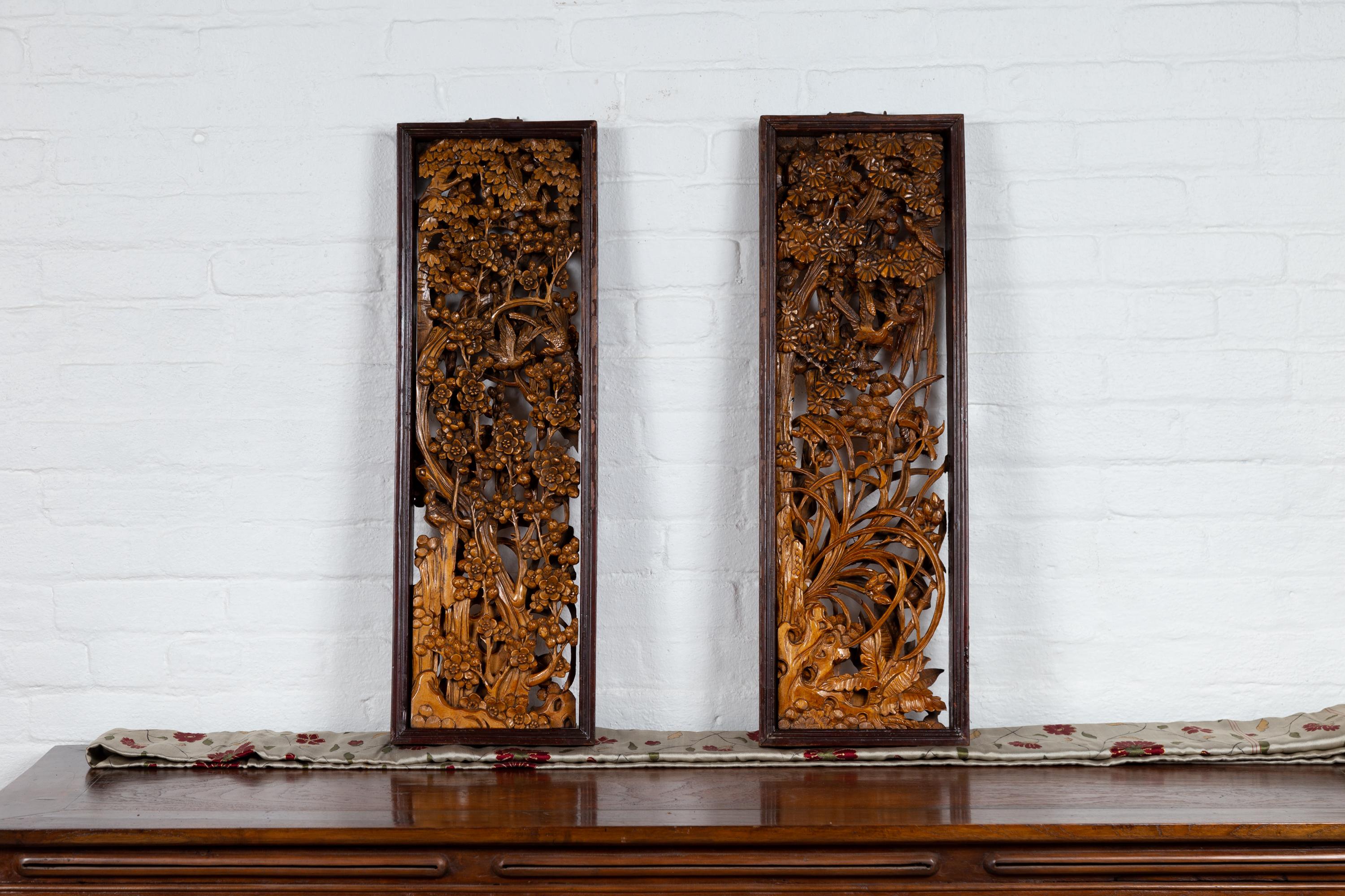 Asian Pair of Chinese Vintage Carved Elmwood Wall Panels with Birds and Foliage Motifs