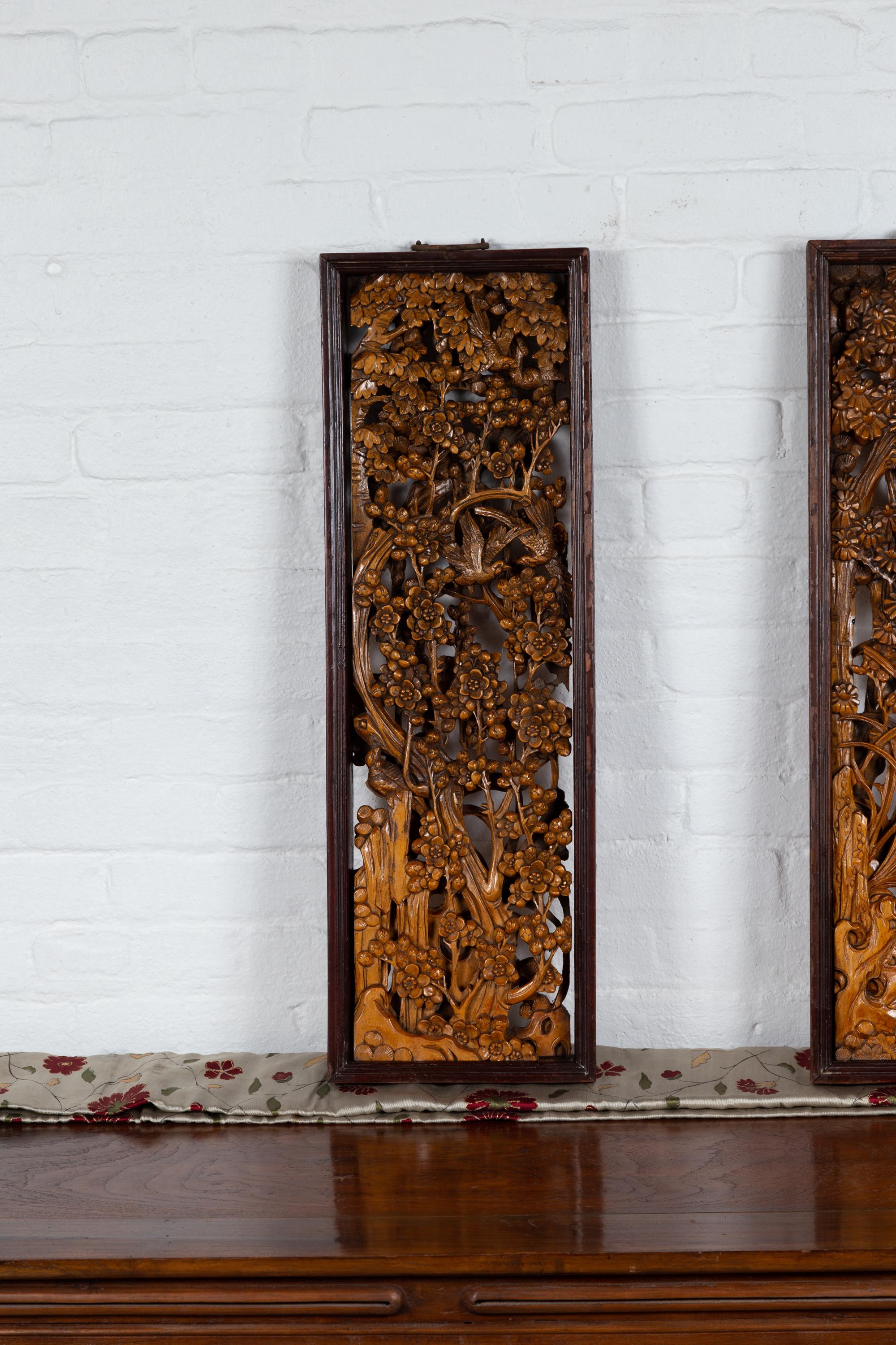 Pair of Chinese Vintage Carved Elmwood Wall Panels with Birds and Foliage Motifs In Good Condition In Yonkers, NY