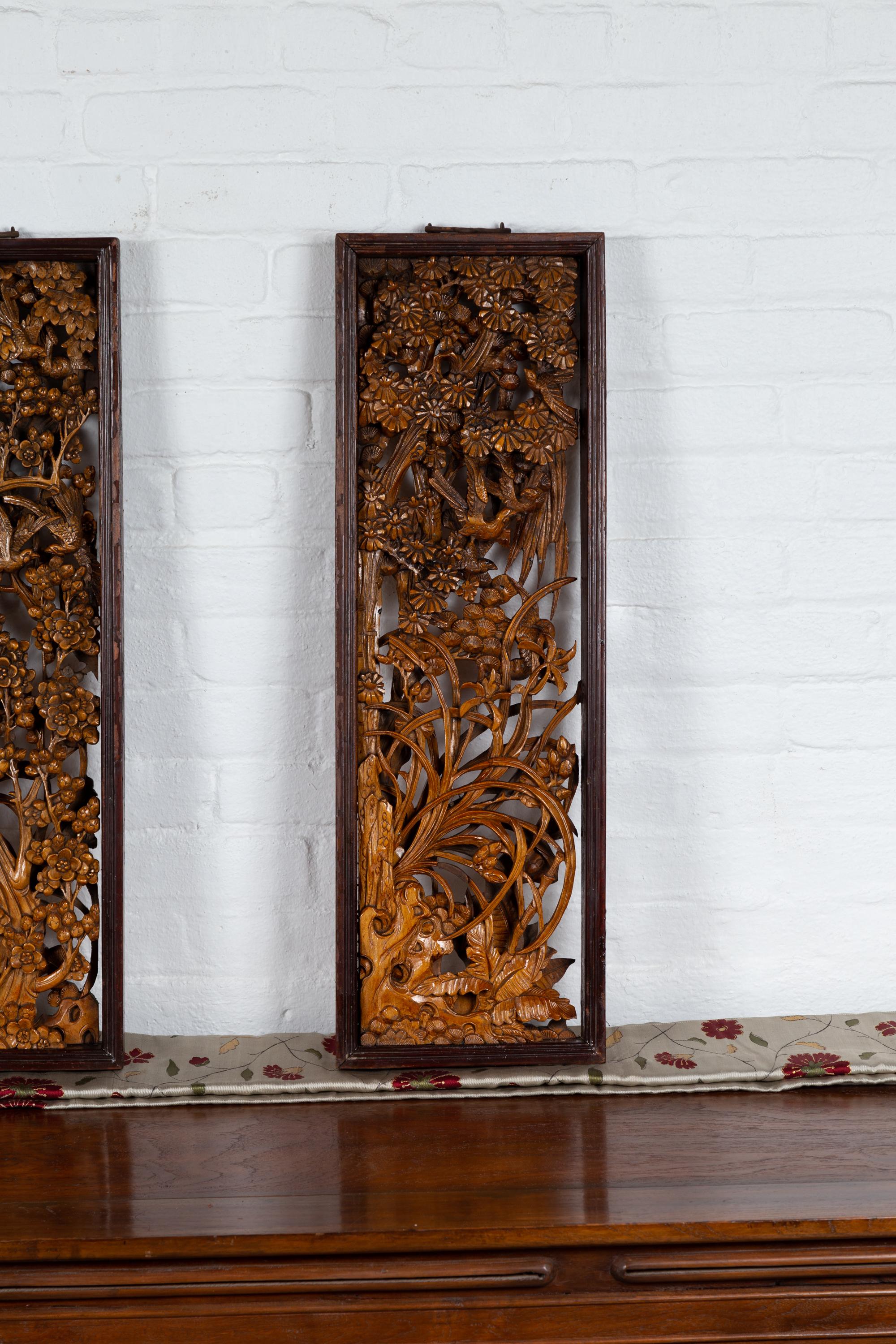 20th Century Pair of Chinese Vintage Carved Elmwood Wall Panels with Birds and Foliage Motifs