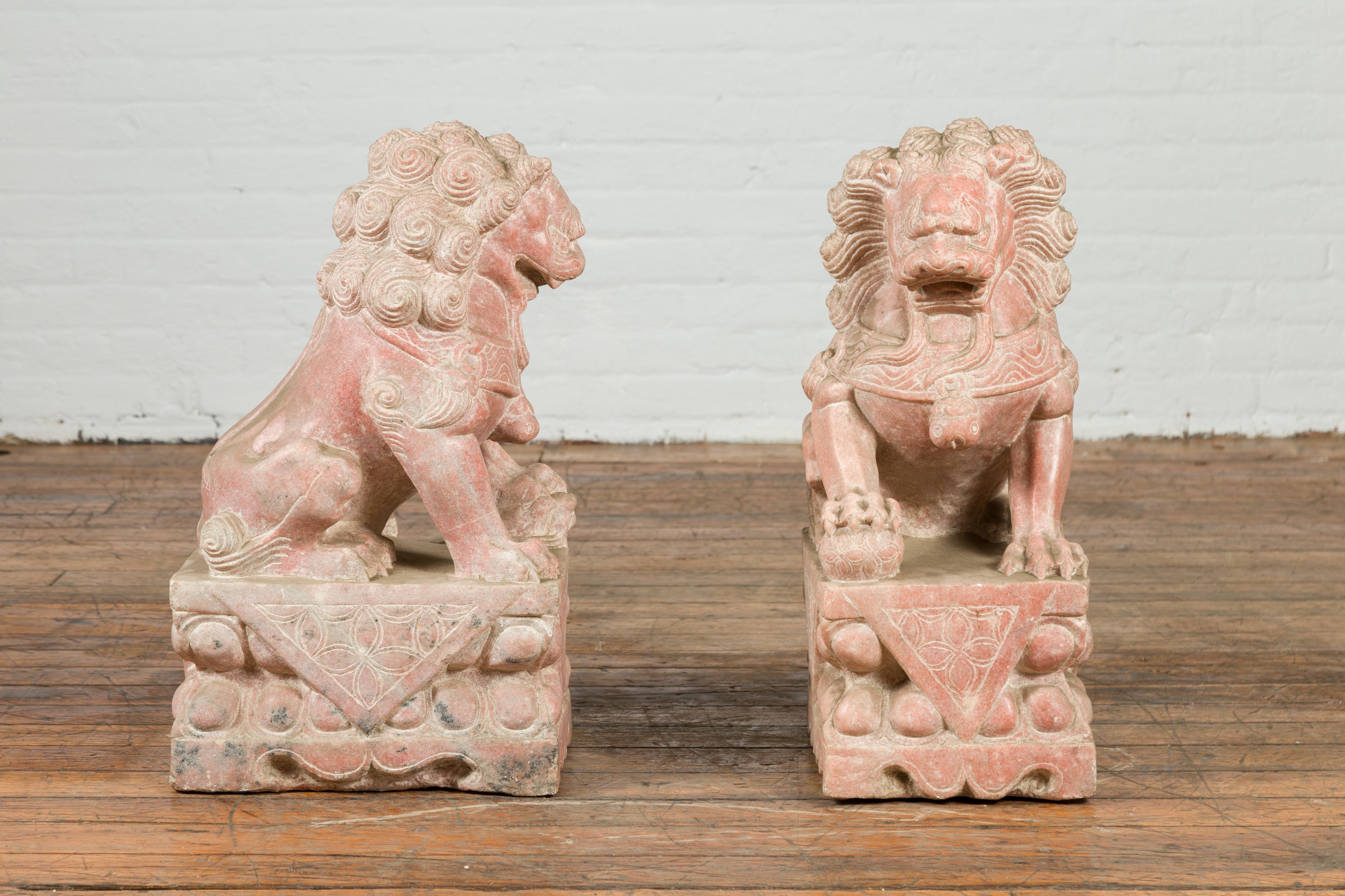 Pair of Chinese Vintage Foo Dogs Guardian Lions on Bases with Sandstone Patina 4