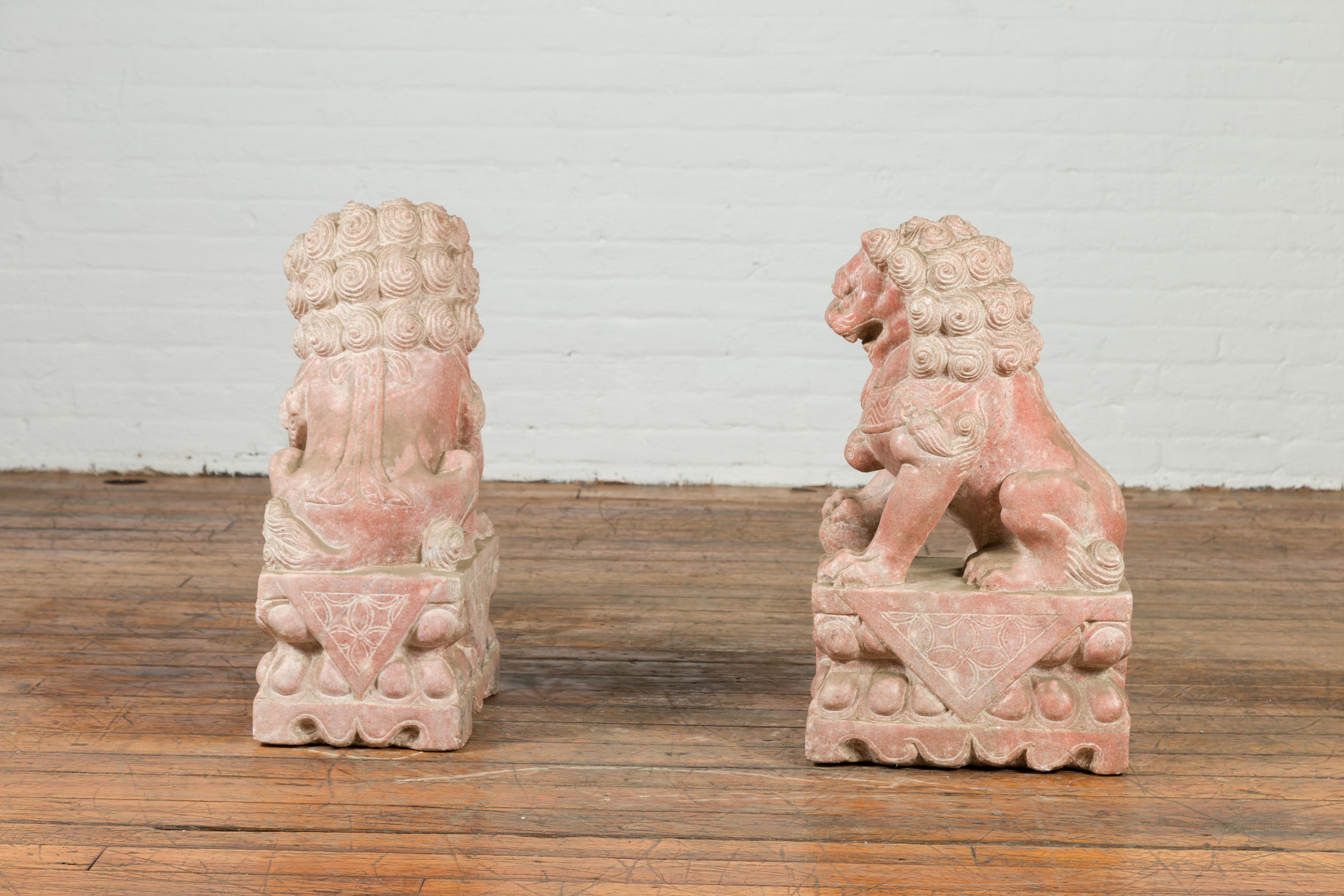 Pair of Chinese Vintage Foo Dogs Guardian Lions on Bases with Sandstone Patina For Sale 5