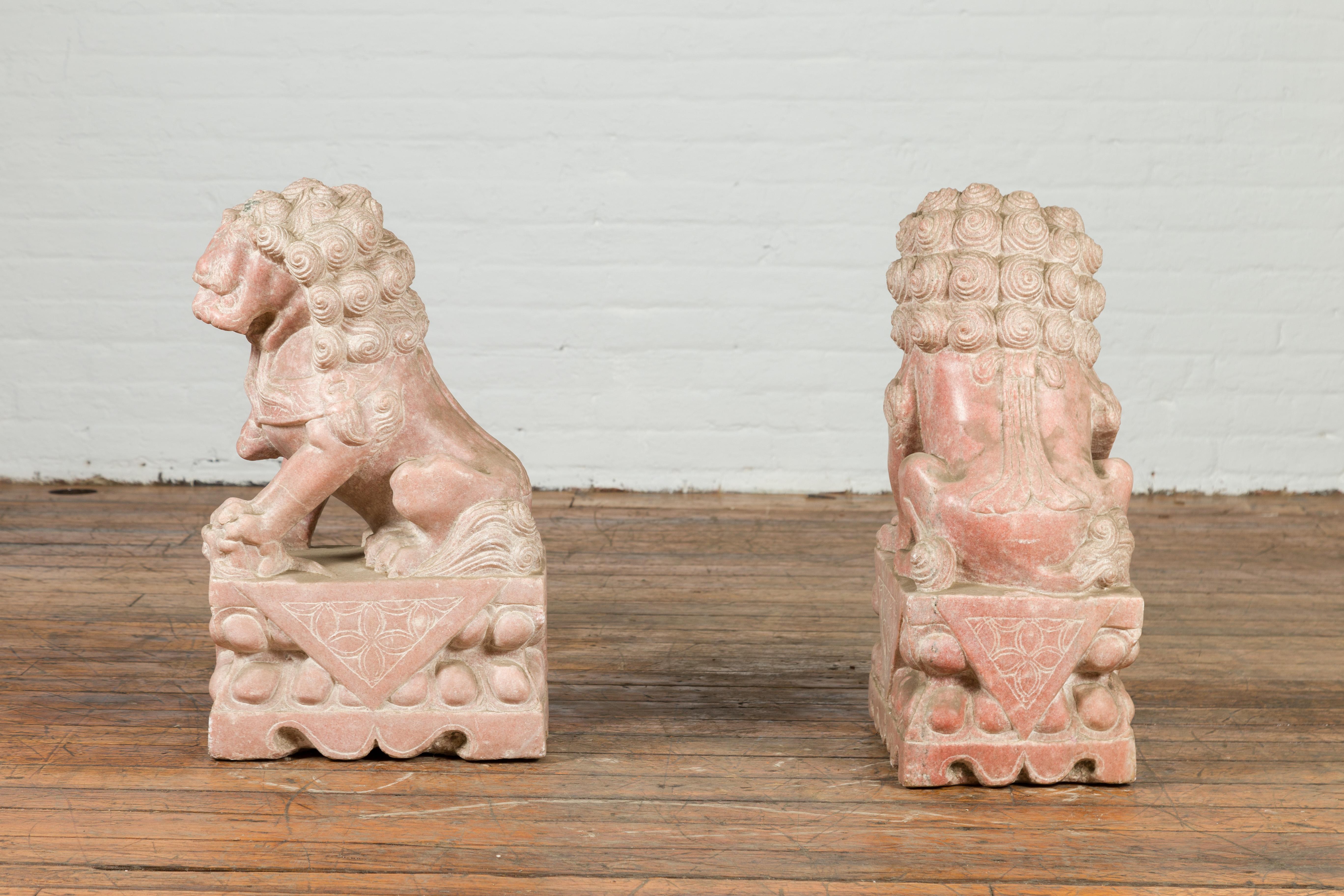 Pair of Chinese Vintage Foo Dogs Guardian Lions on Bases with Sandstone Patina For Sale 6