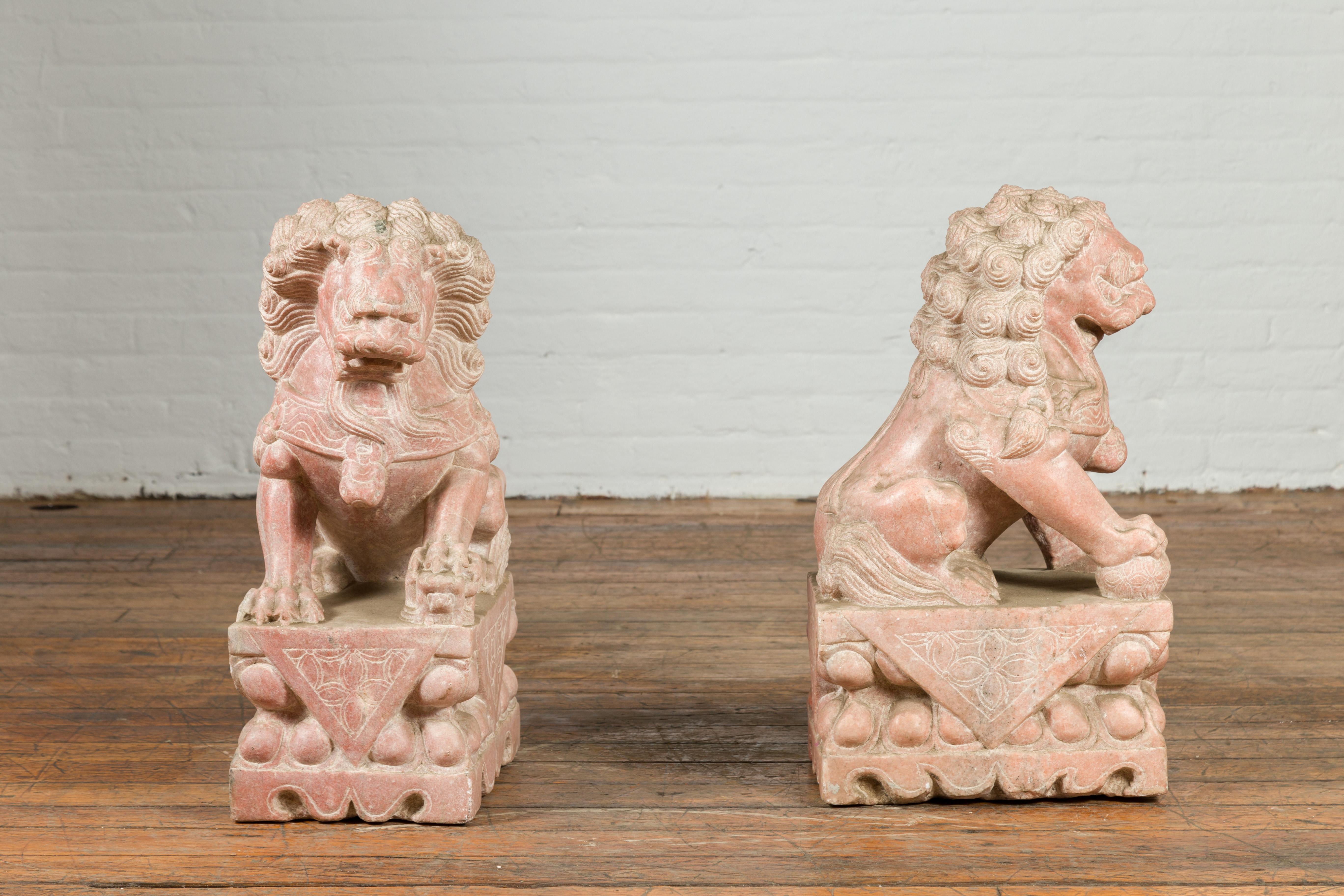 Pair of Chinese Vintage Foo Dogs Guardian Lions on Bases with Sandstone Patina 7