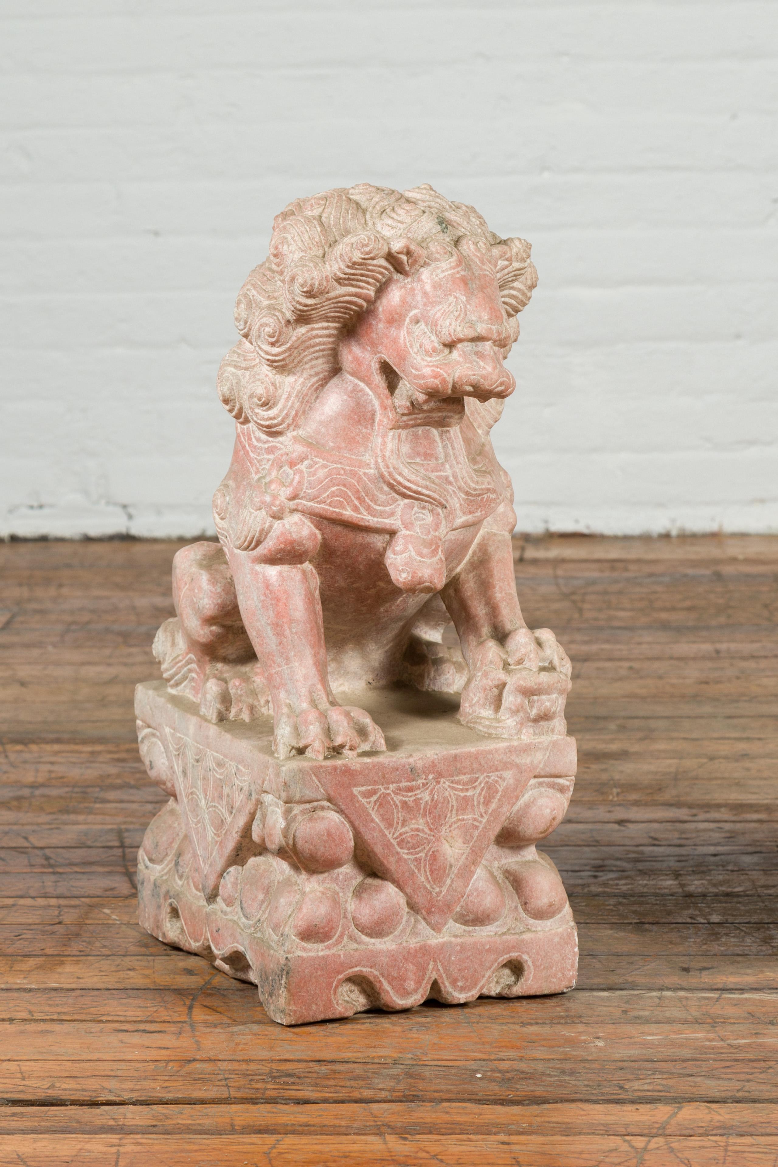 Carved Pair of Chinese Vintage Foo Dogs Guardian Lions on Bases with Sandstone Patina For Sale