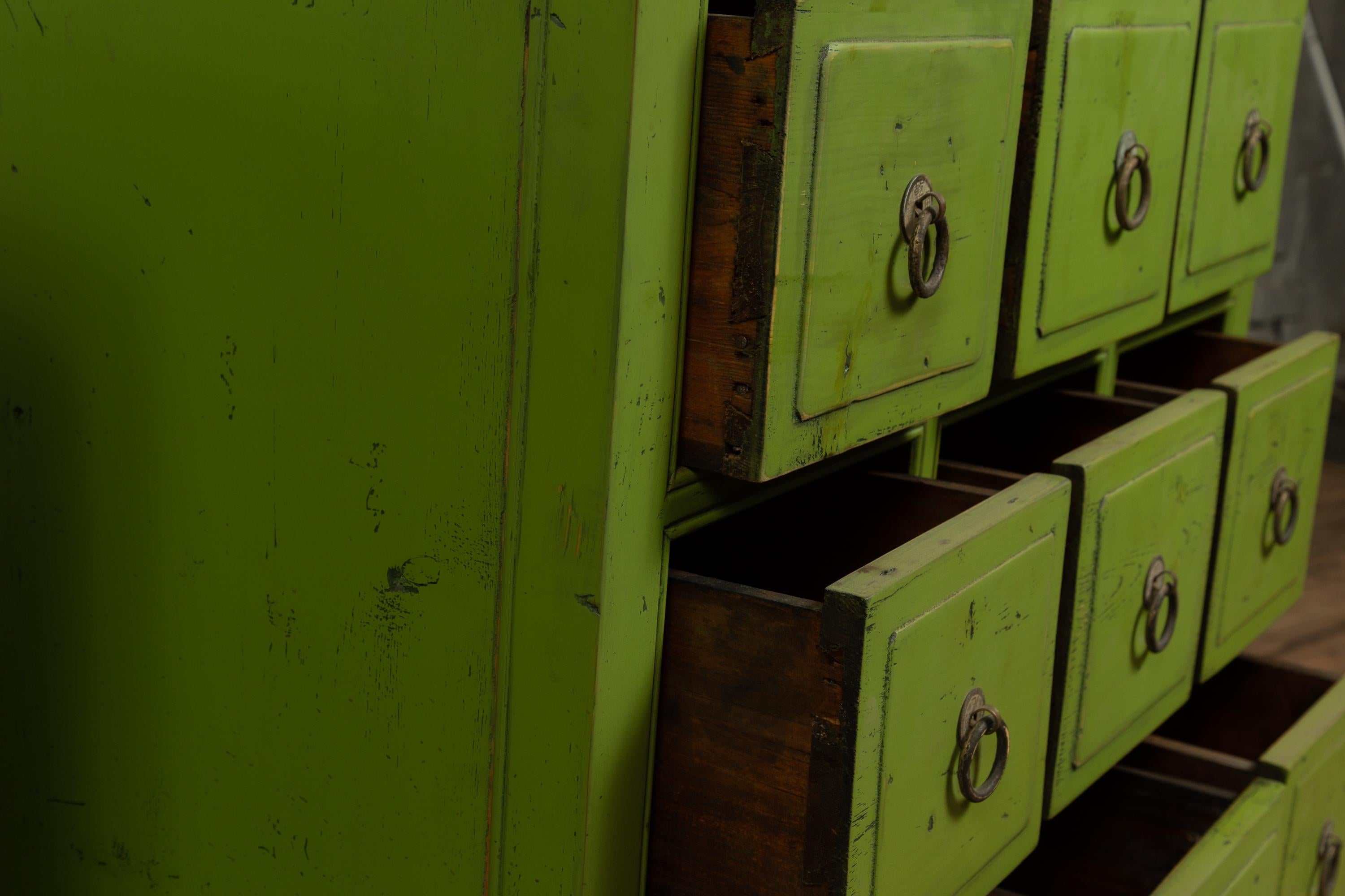 Pair of Chinese Vintage Green Painted Nine-Drawer Apothecary Bedside Chests 4