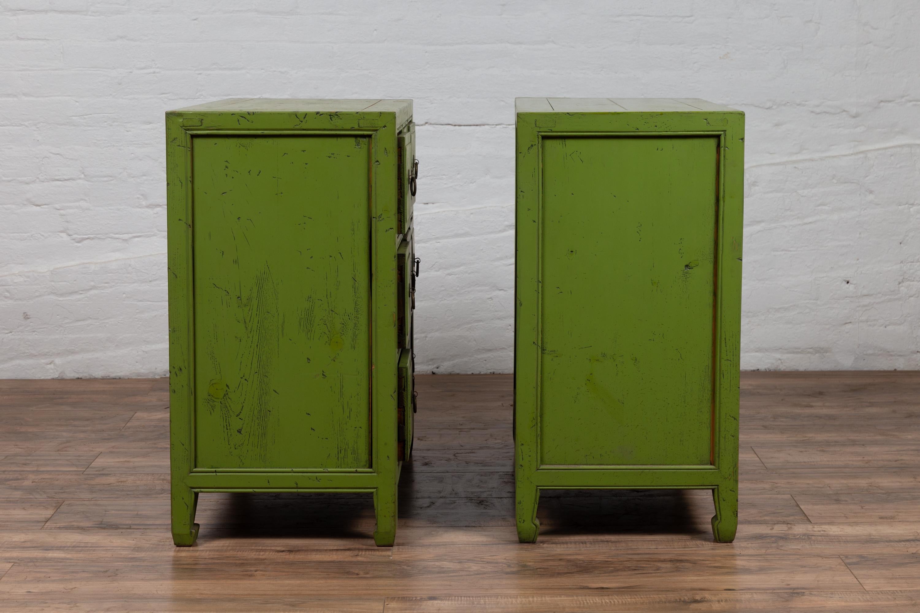 Pair of Chinese Vintage Green Painted Nine-Drawer Apothecary Bedside Chests 5