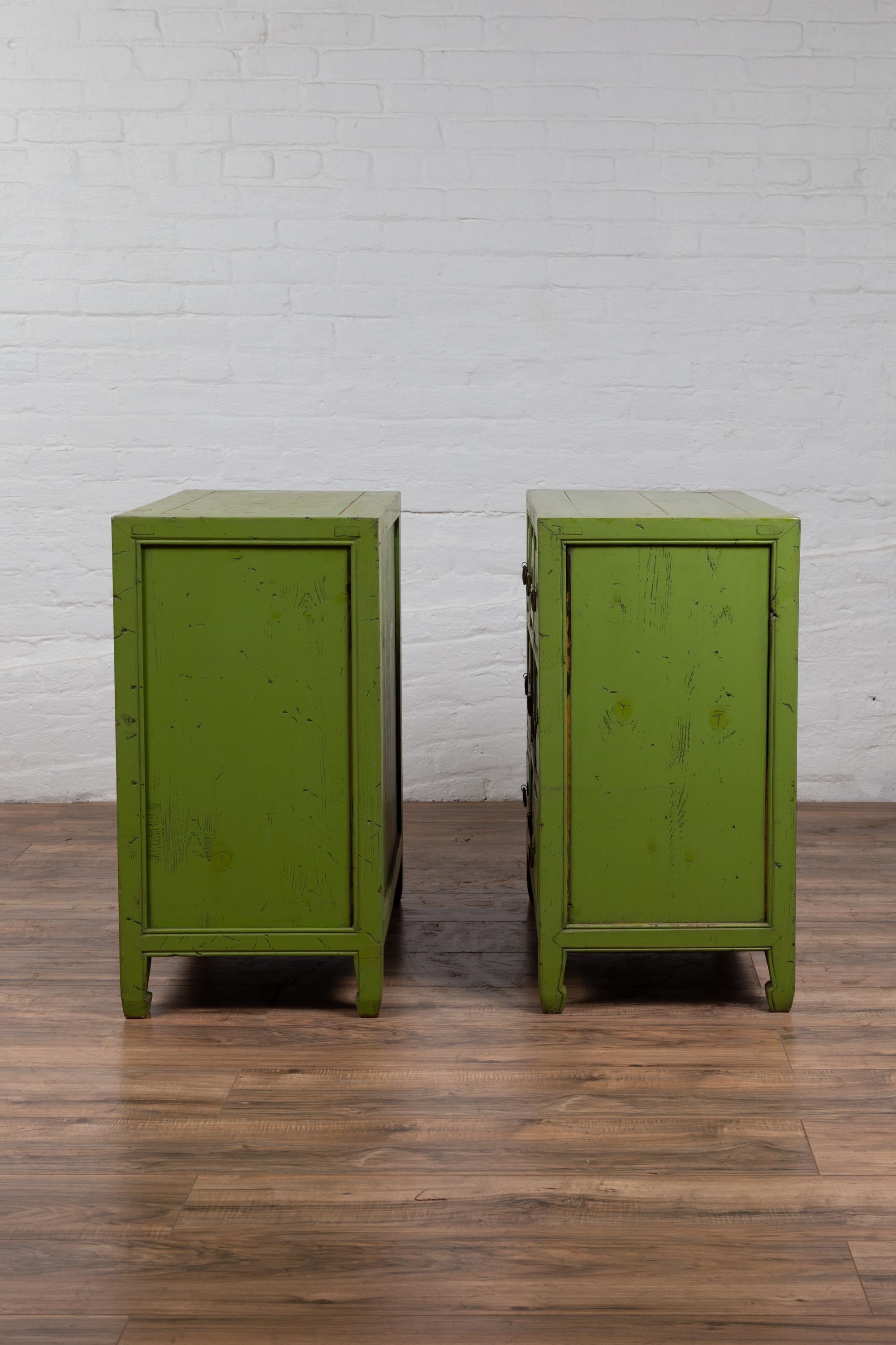 Pair of Chinese Vintage Green Painted Nine-Drawer Apothecary Bedside Chests 9