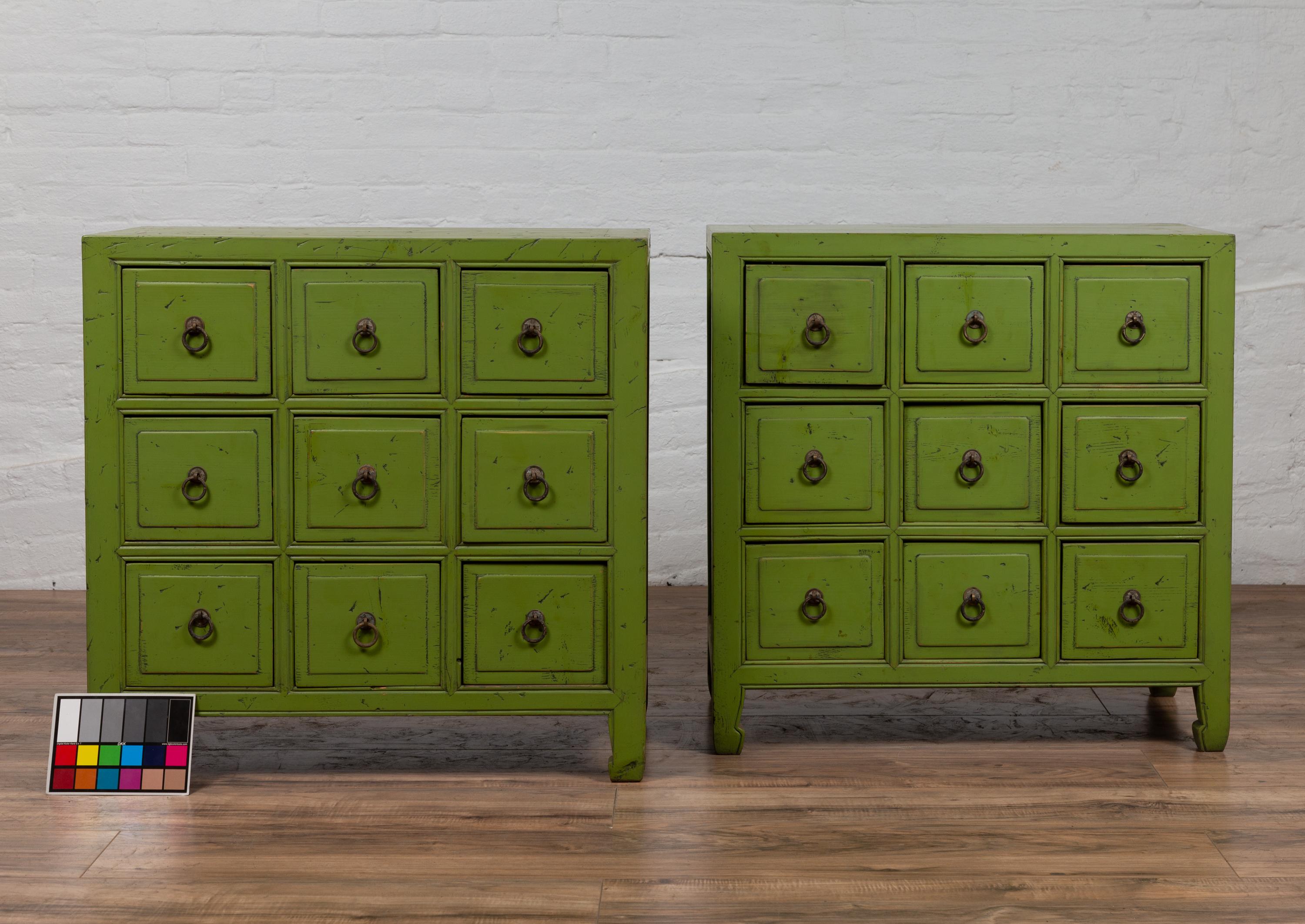 Pair of Chinese Vintage Green Painted Nine-Drawer Apothecary Bedside Chests 11