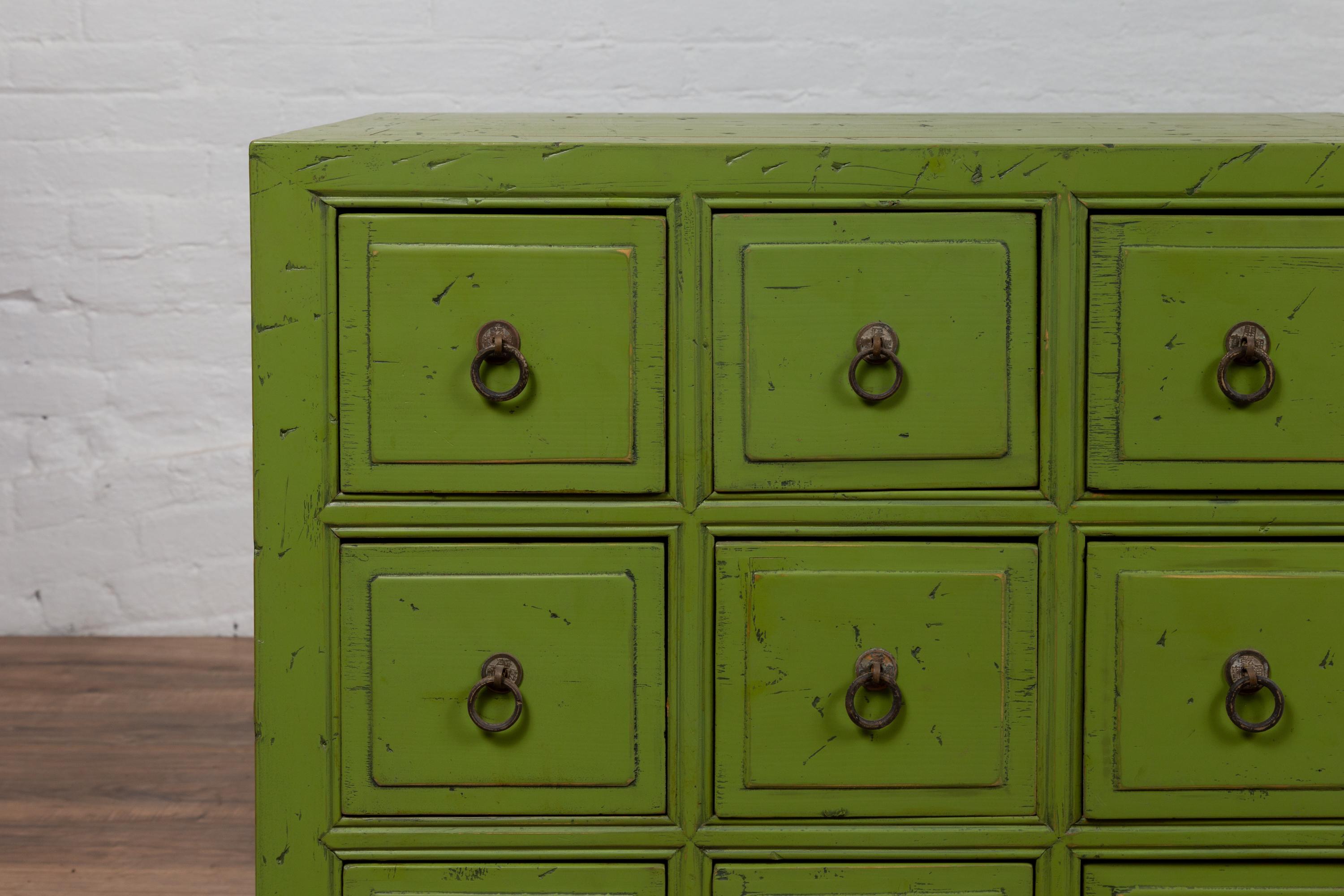 Mid-Century Modern Pair of Chinese Vintage Green Painted Nine-Drawer Apothecary Bedside Chests