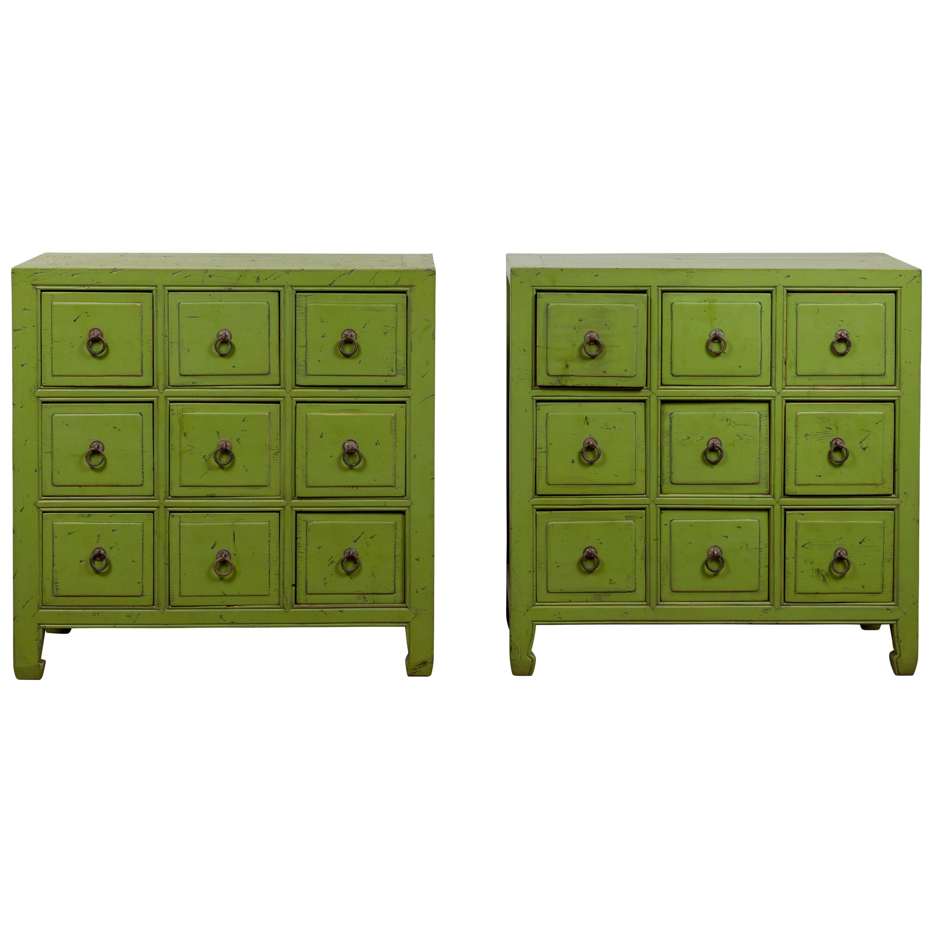 Pair of Chinese Vintage Green Painted Nine-Drawer Apothecary Bedside Chests