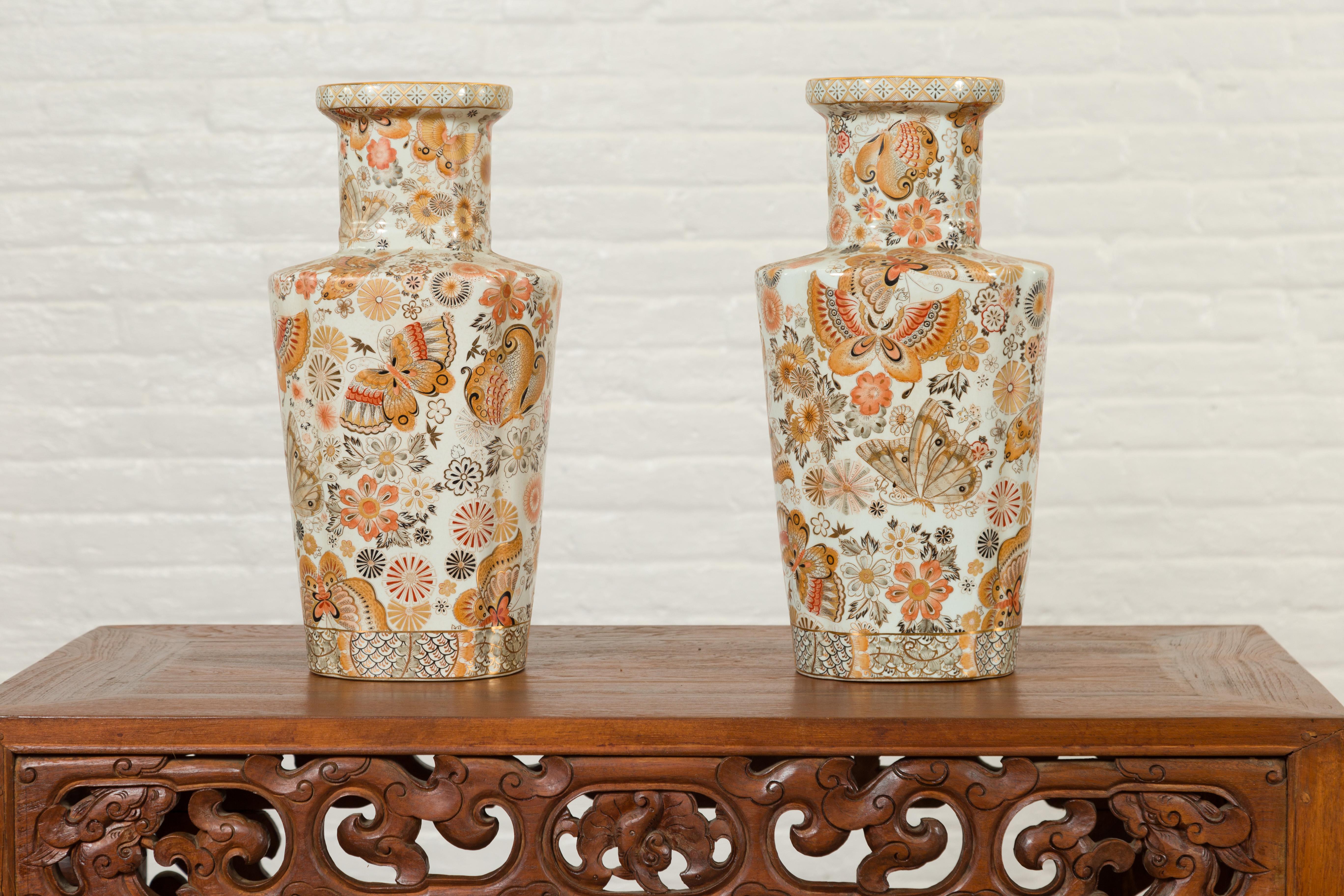 Pair of Chinese Vintage Japanese Kutani Style Vases with Flowers and Butterflies For Sale 6