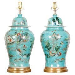 Pair of Chinese Vintage Porcelain Table Lamps with Painted Figures in Landscapes