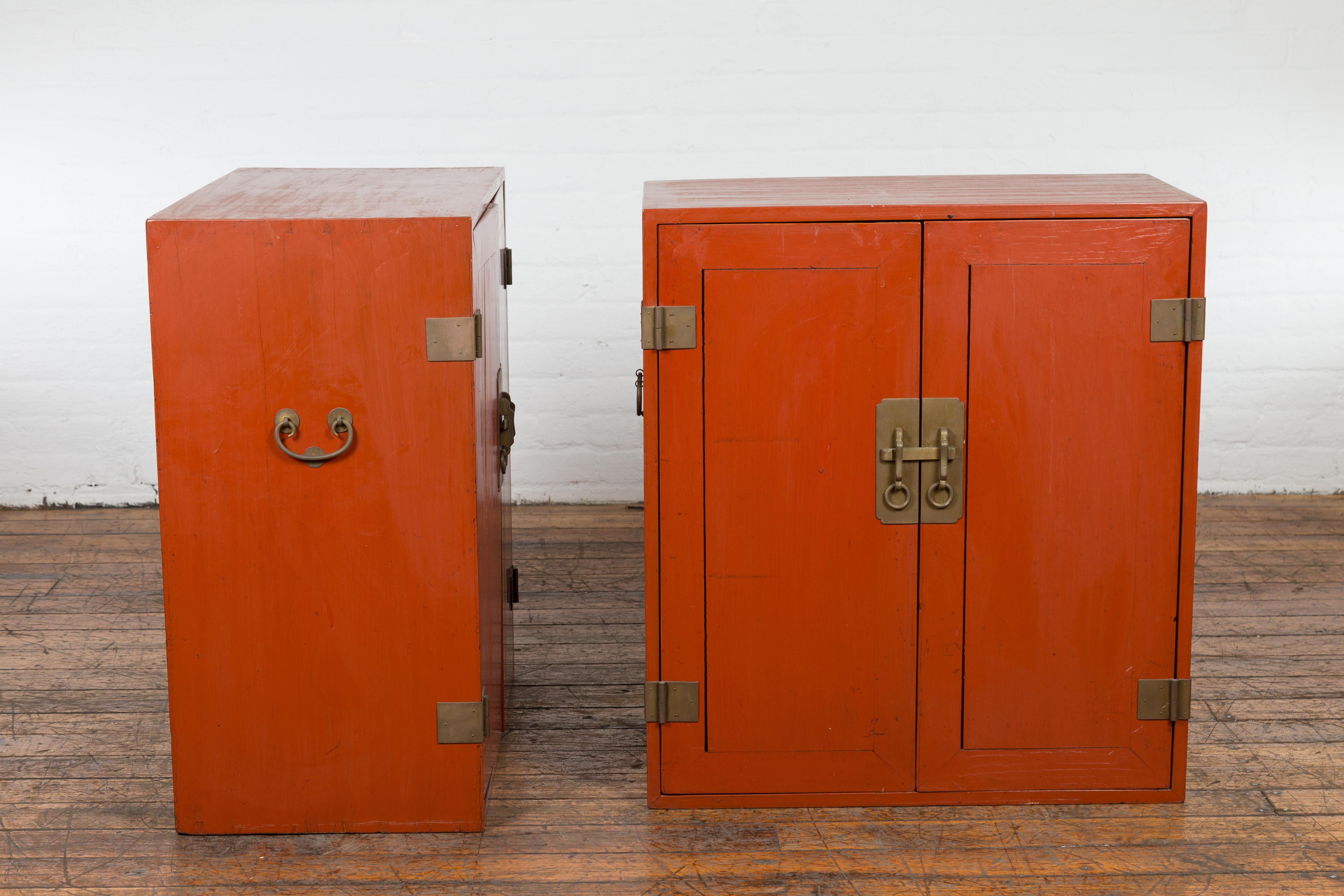Pair of Chinese Vintage Red Lacquer Side Cabinets with Brass Hardware For Sale 7