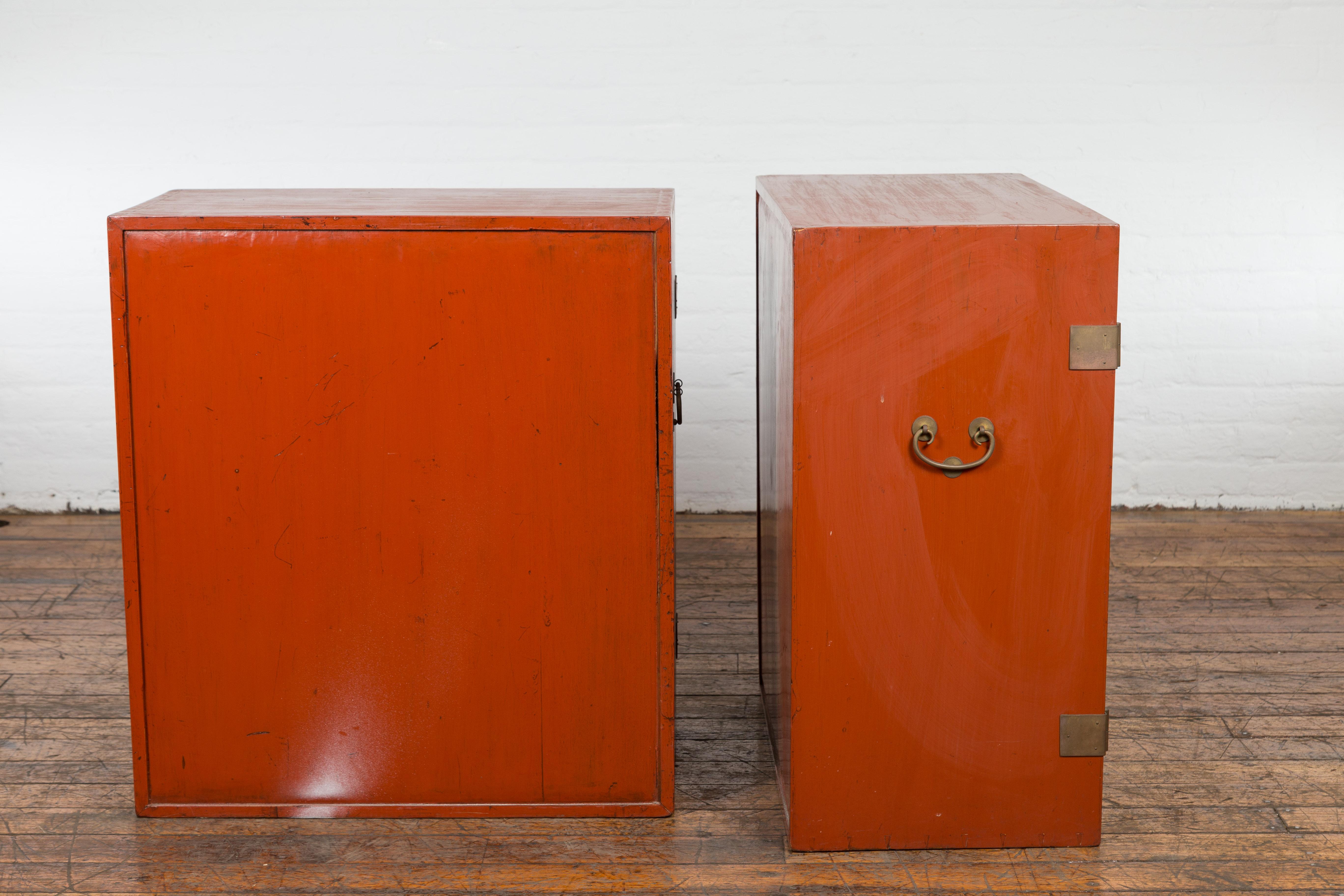 Pair of Chinese Vintage Red Lacquer Side Cabinets with Brass Hardware For Sale 8