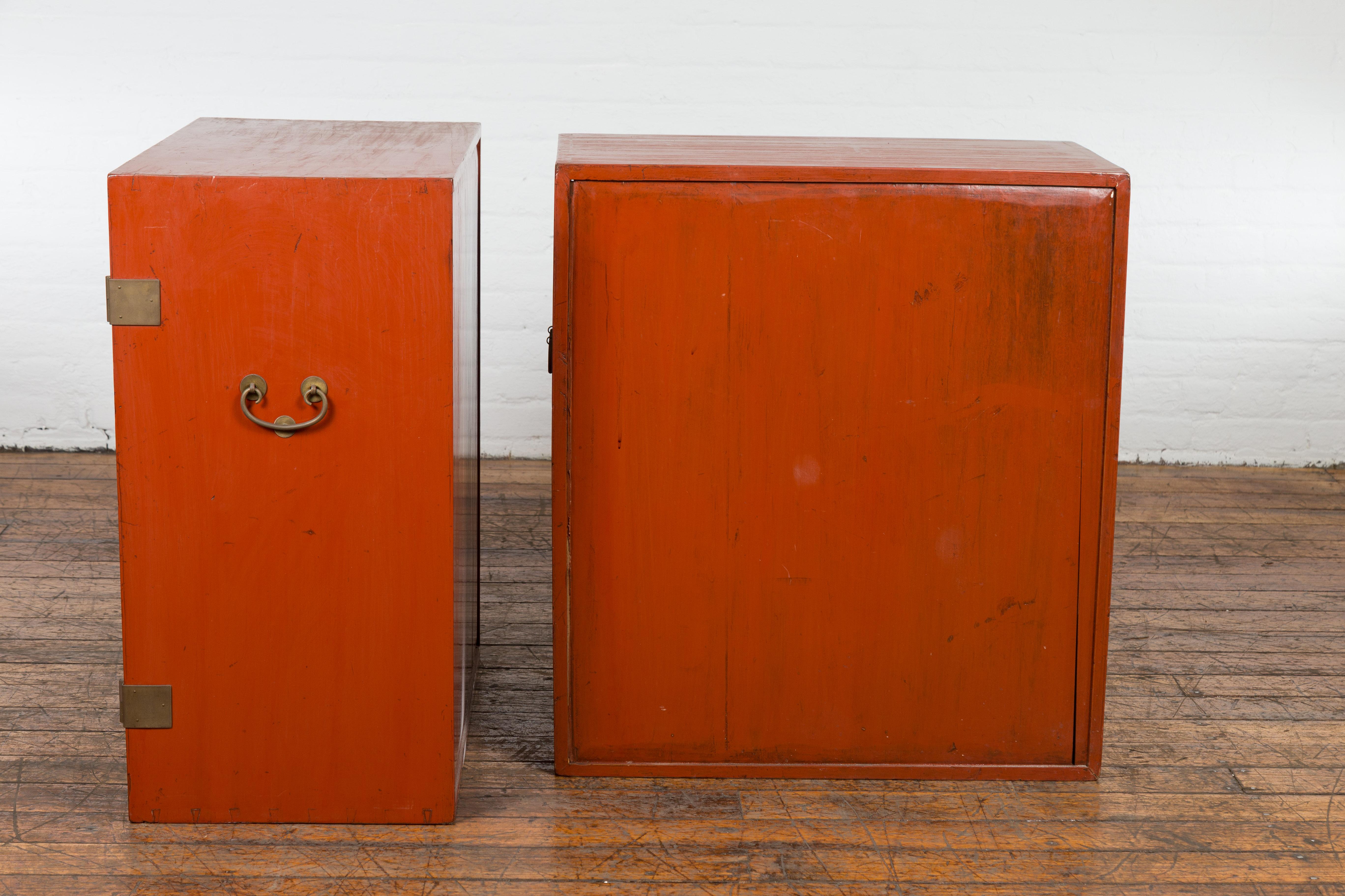Pair of Chinese Vintage Red Lacquer Side Cabinets with Brass Hardware For Sale 9