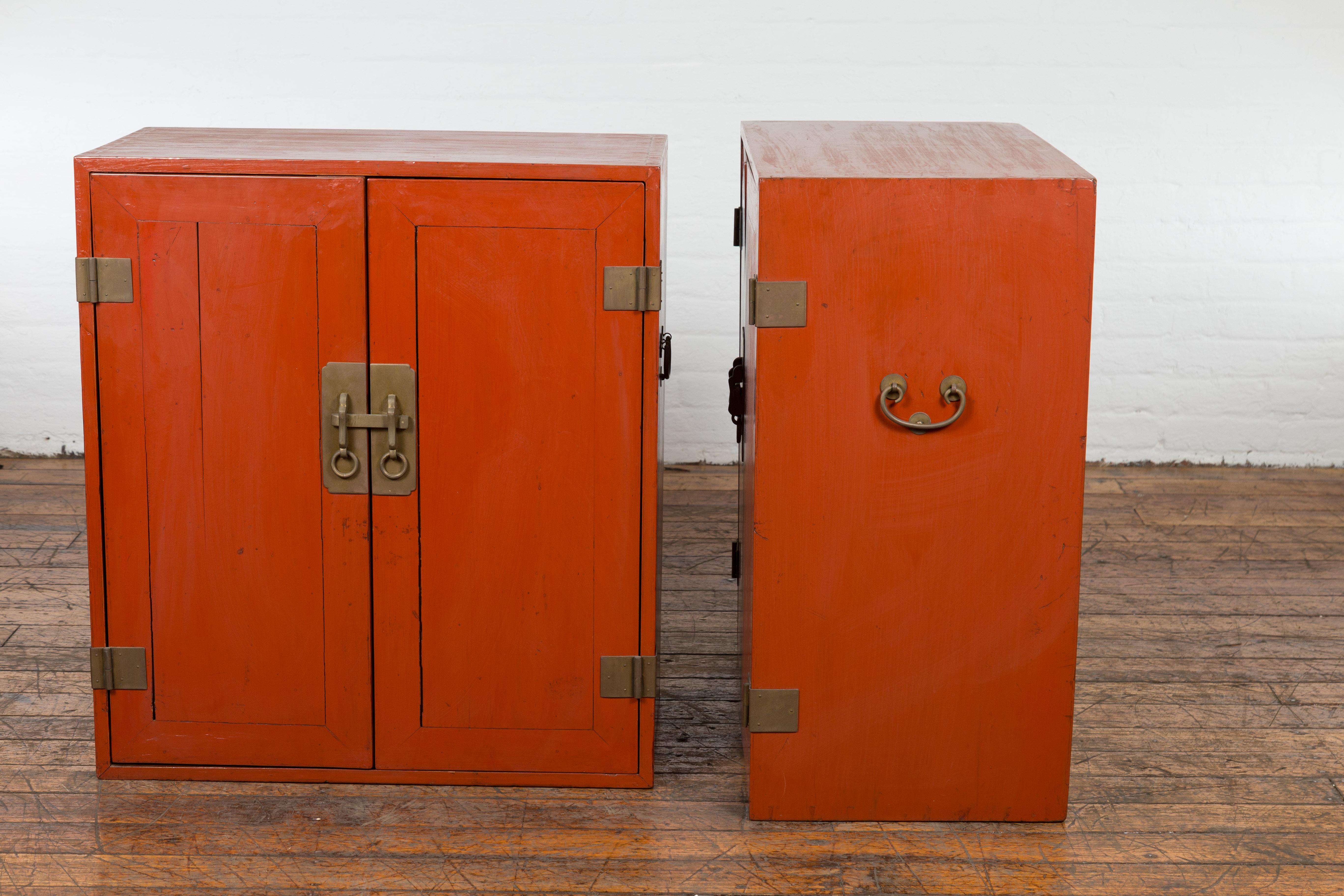 Pair of Chinese Vintage Red Lacquer Side Cabinets with Brass Hardware For Sale 10