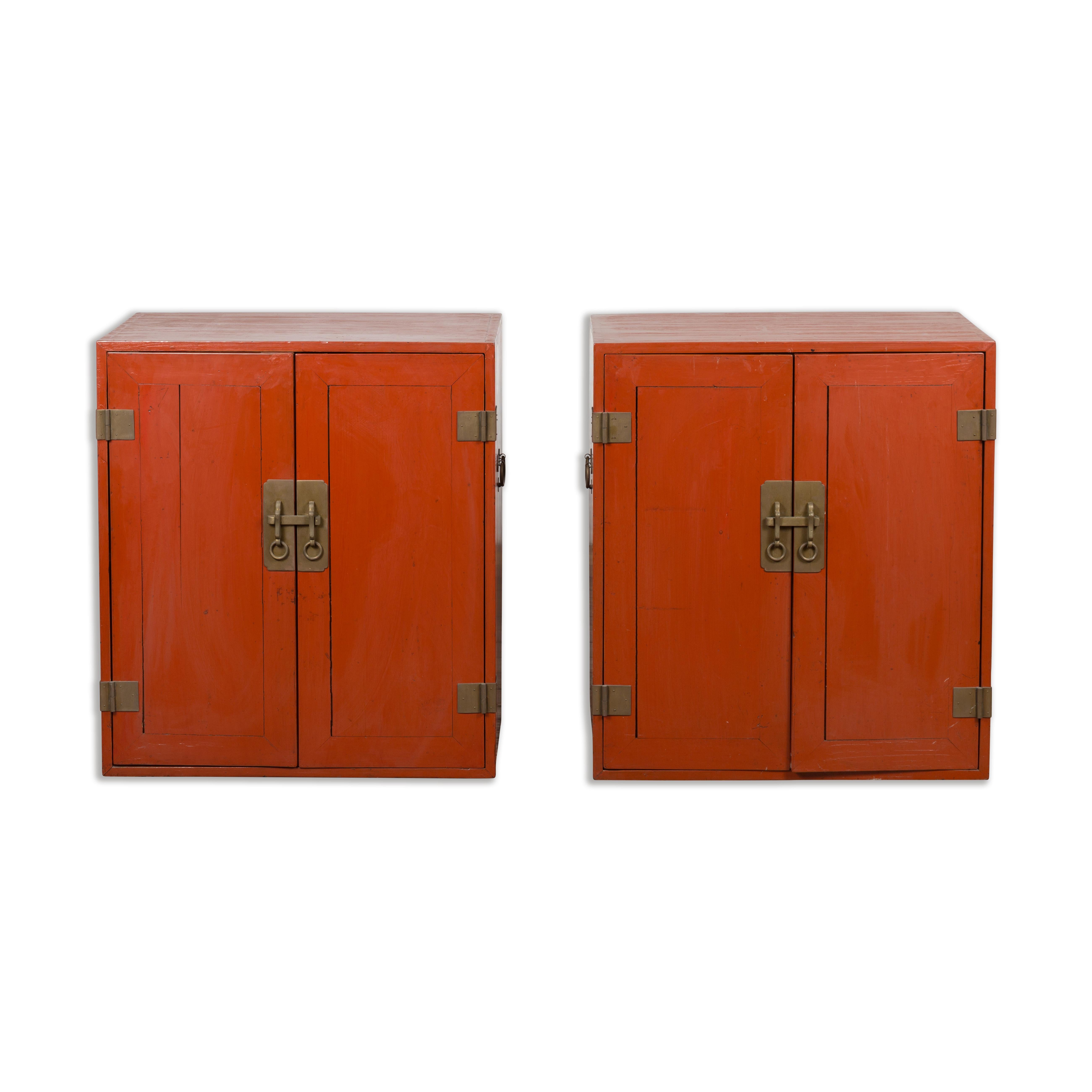 Pair of Chinese Vintage Red Lacquer Side Cabinets with Brass Hardware For Sale 12