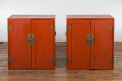 Pair of Vintage Red Lacquer Side Cabinets with Brass Hardware