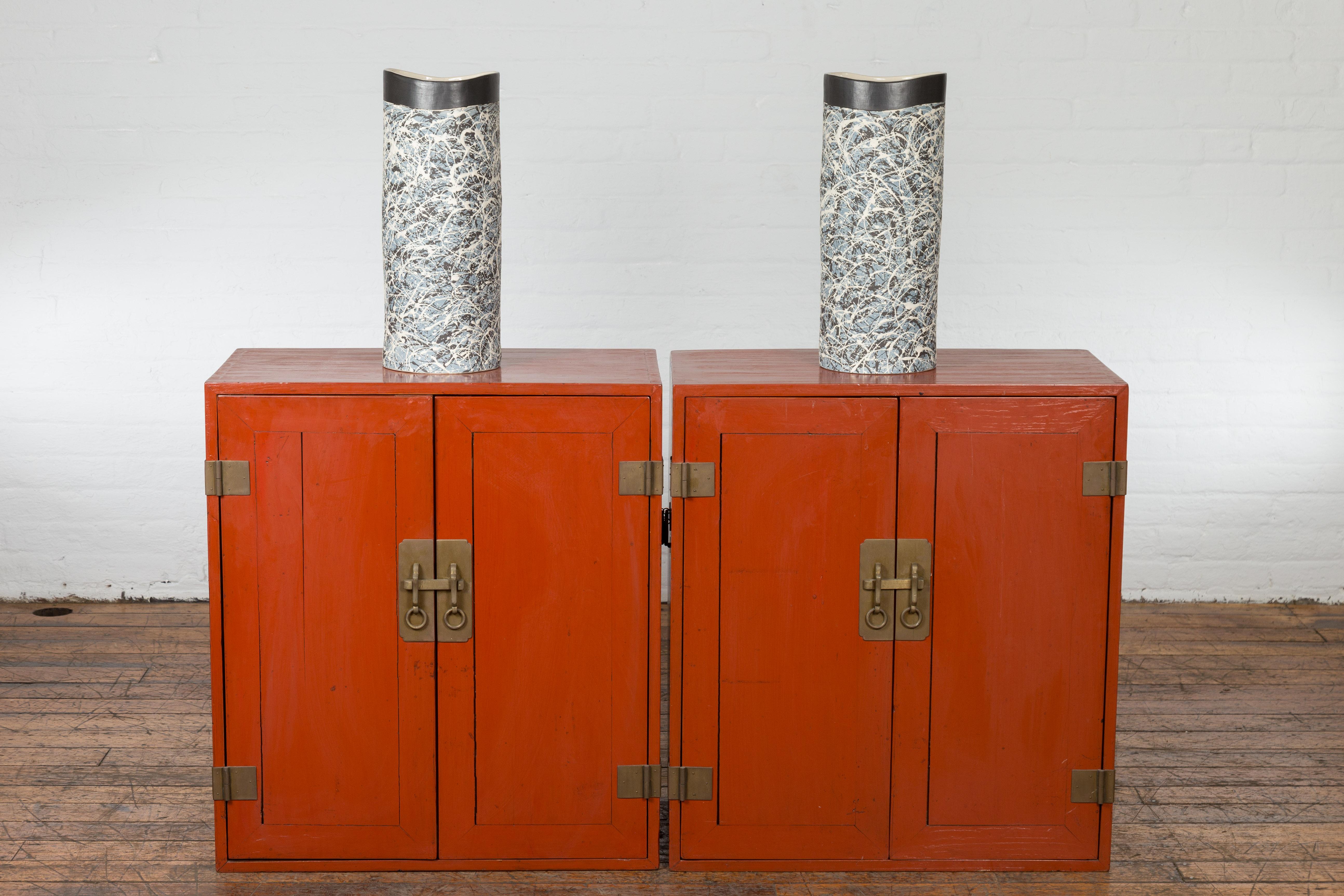 Lacquered Pair of Chinese Vintage Red Lacquer Side Cabinets with Brass Hardware For Sale
