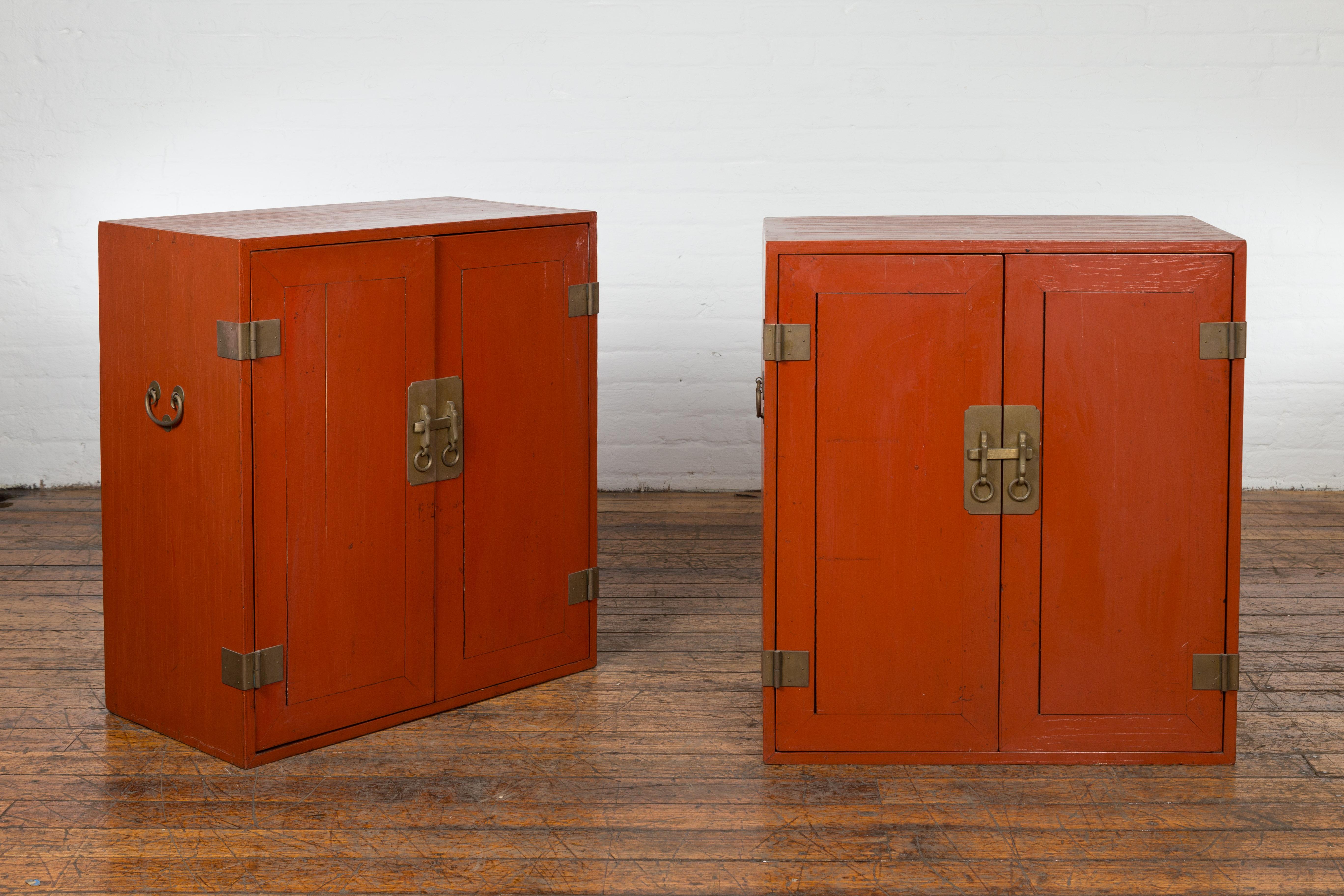 Pair of Chinese Vintage Red Lacquer Side Cabinets with Brass Hardware In Good Condition For Sale In Yonkers, NY