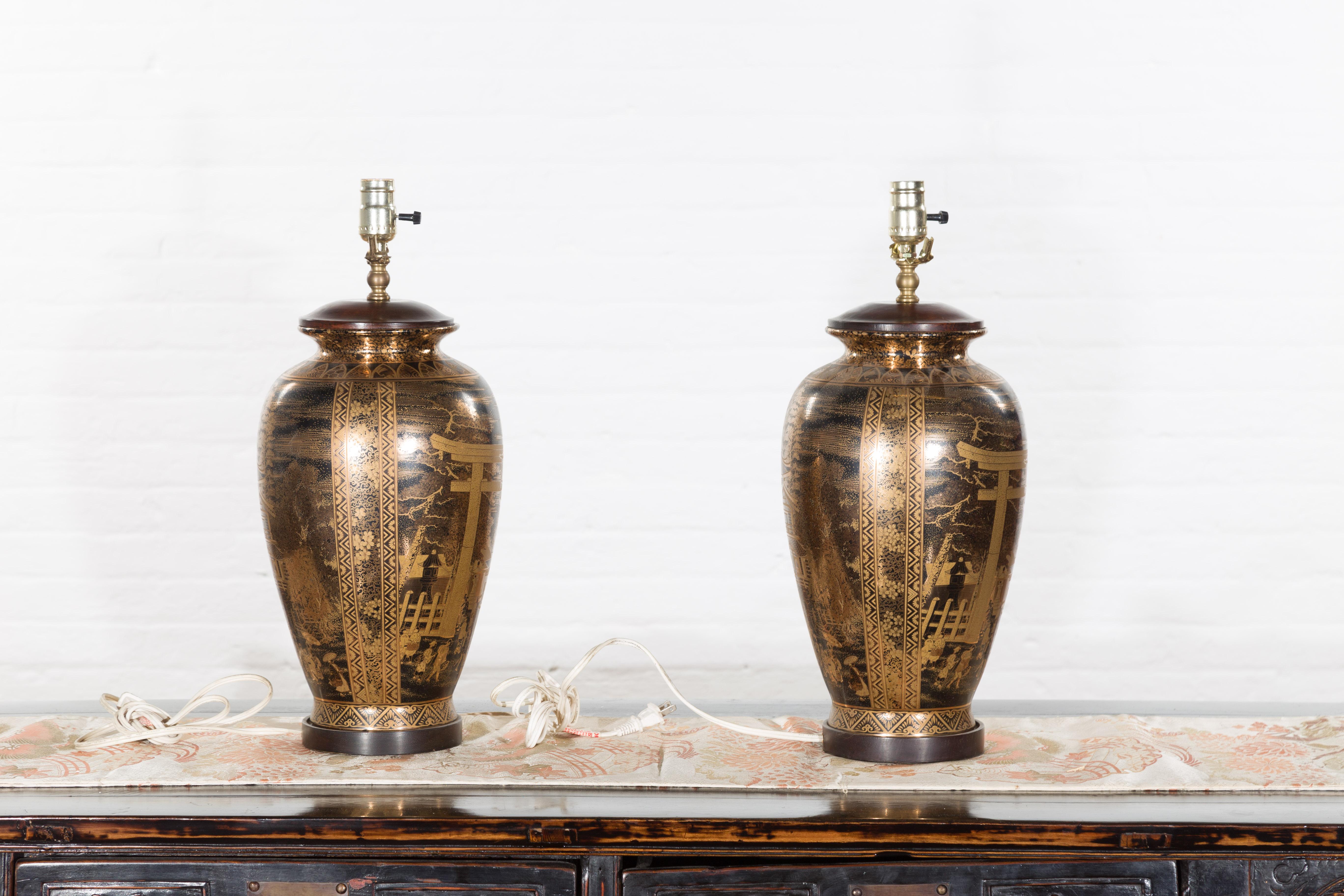 Pair of Chinese Vintage Wired Table Lamps with Black and Gold Chinoiserie Décor 7
