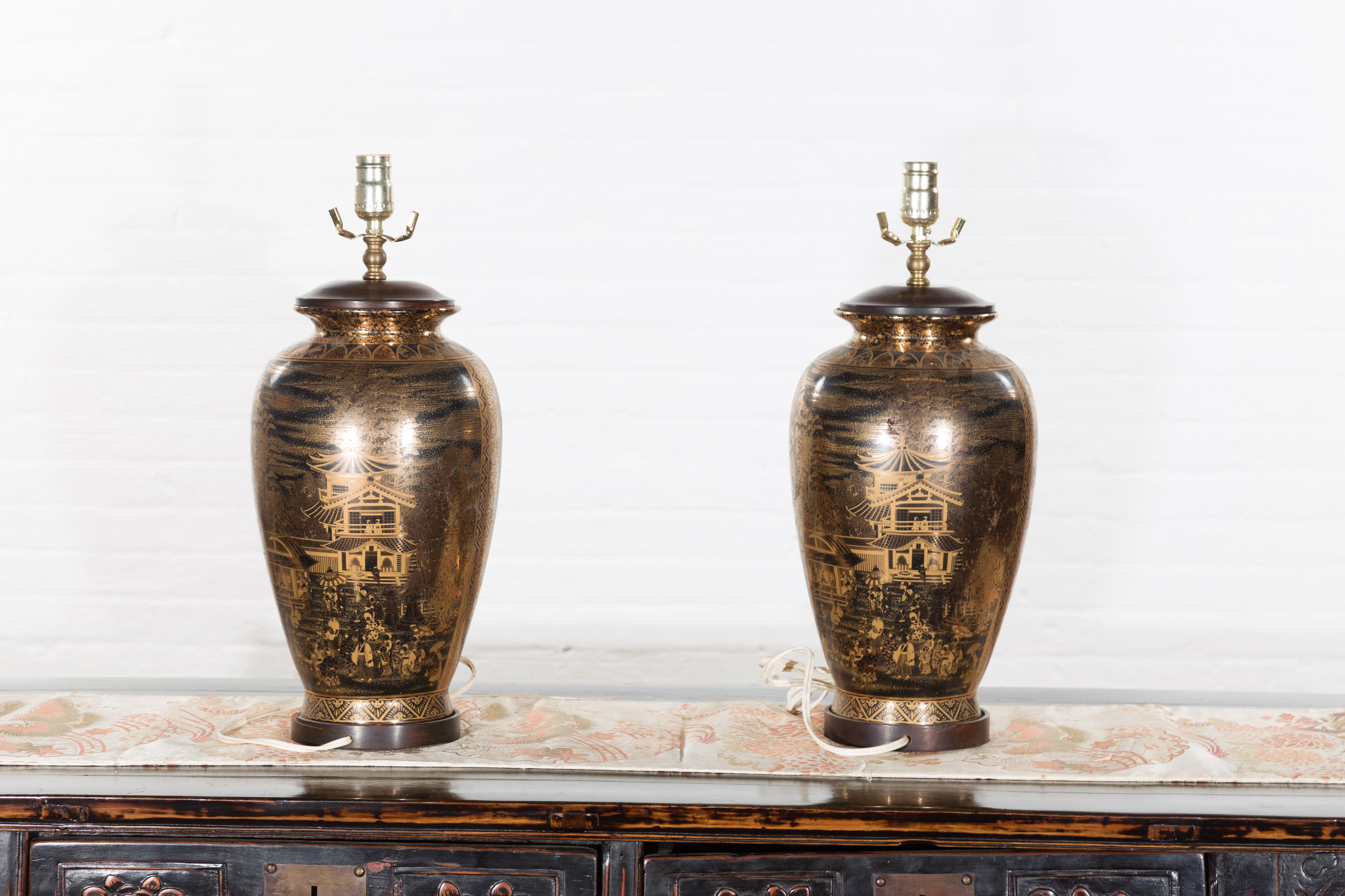 Pair of Chinese Vintage Wired Table Lamps with Black and Gold Chinoiserie Décor 8