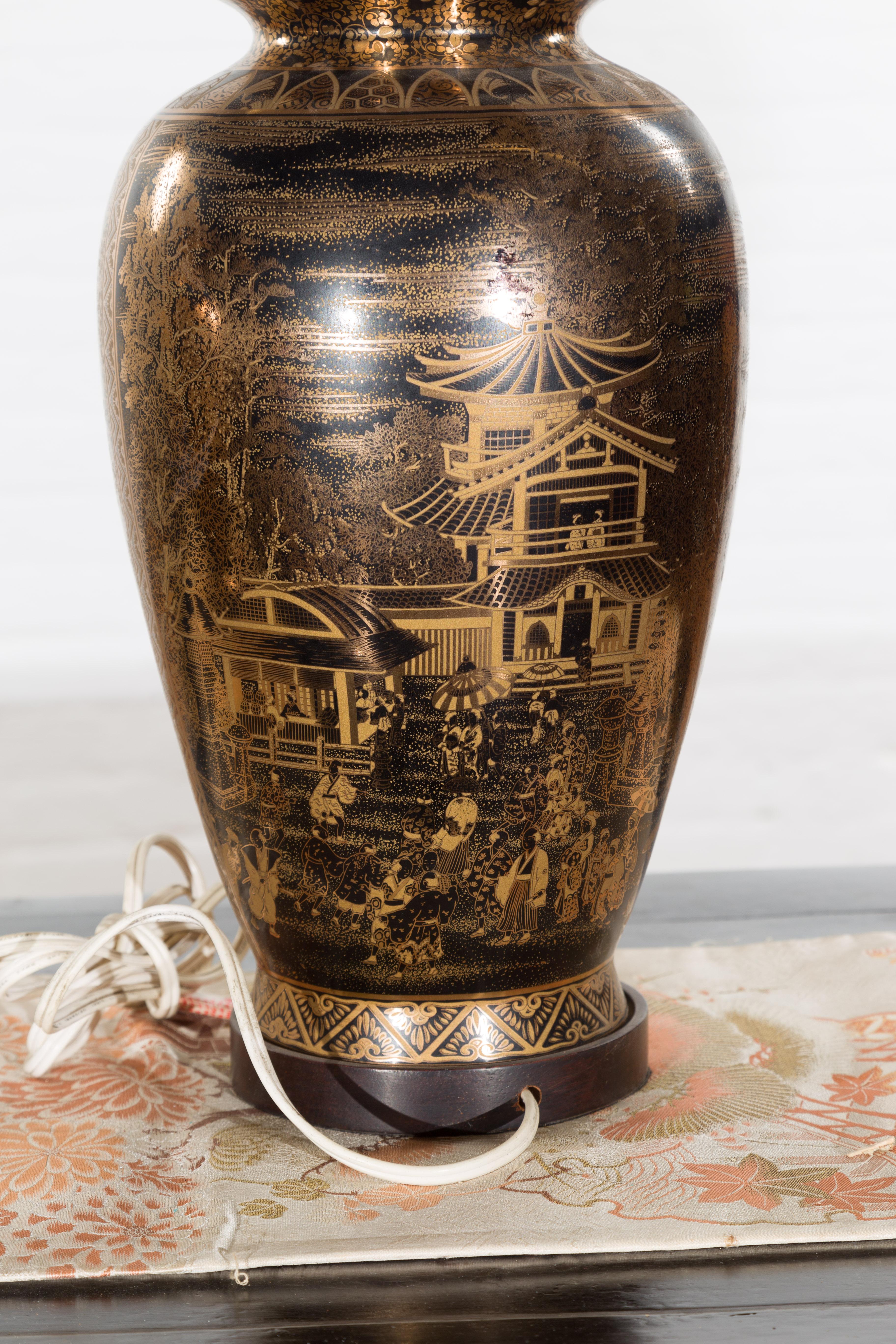 Pair of Chinese Vintage Wired Table Lamps with Black and Gold Chinoiserie Décor 10