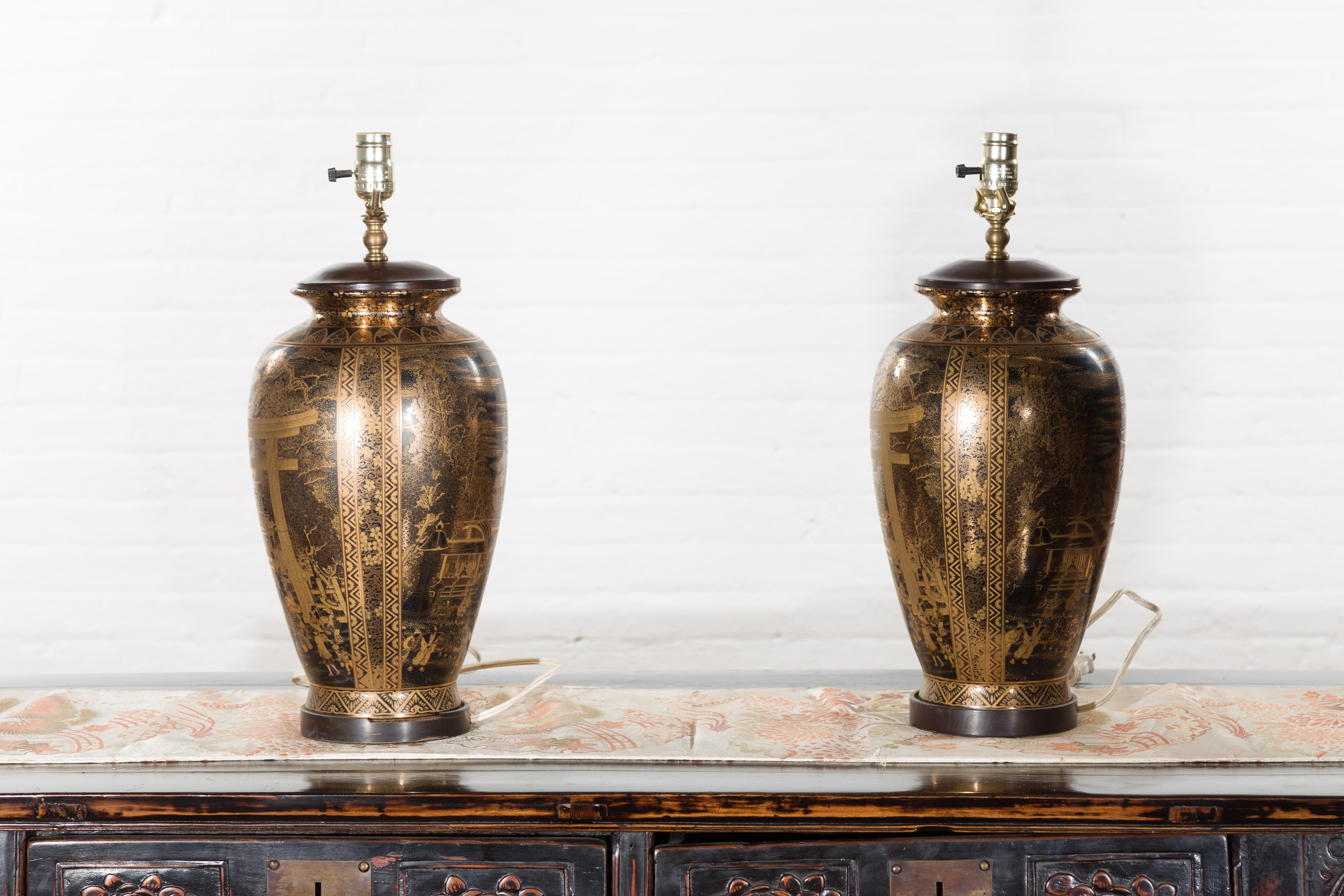 Pair of Chinese Vintage Wired Table Lamps with Black and Gold Chinoiserie Décor 11