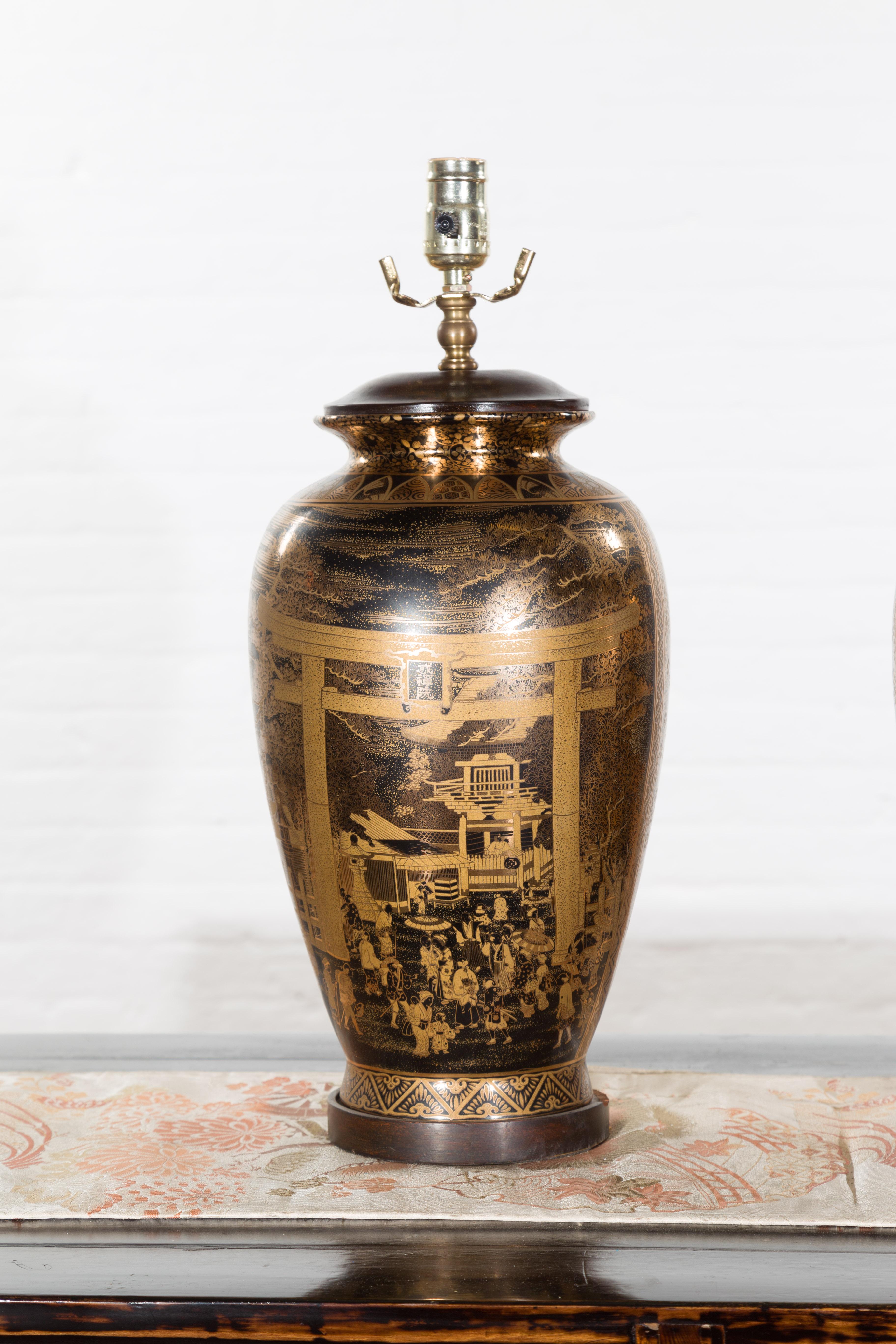 20th Century Pair of Chinese Vintage Wired Table Lamps with Black and Gold Chinoiserie Décor