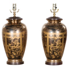 Pair of Chinese Vintage Wired Table Lamps with Black and Gold Chinoiserie Décor