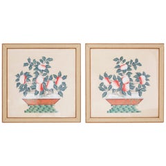 Vintage Pair of Chinese Watercolors of Peach Trees