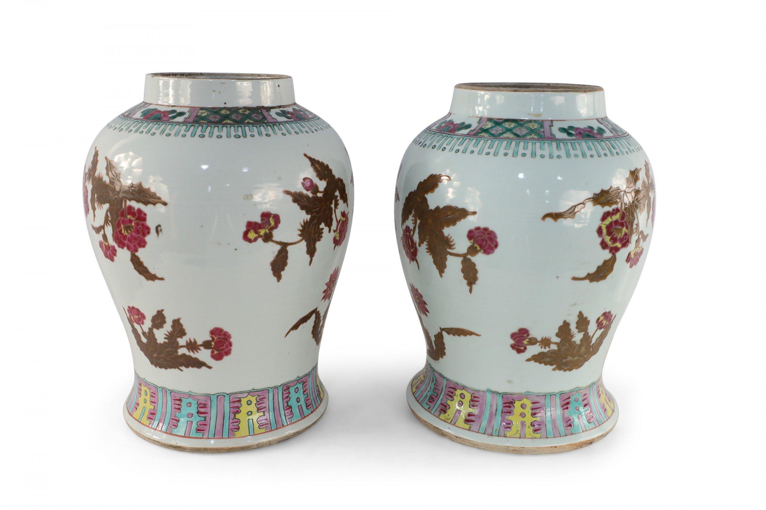 20th Century Pair of Chinese White and Umber Floral Design Porcelain Vases For Sale